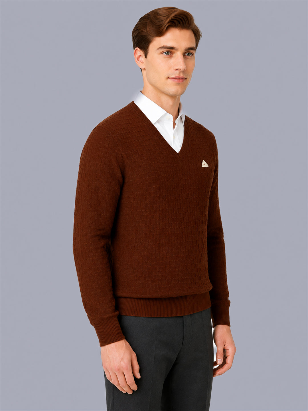 Men Brown Self Design V Neck Full Sleeve Pullover