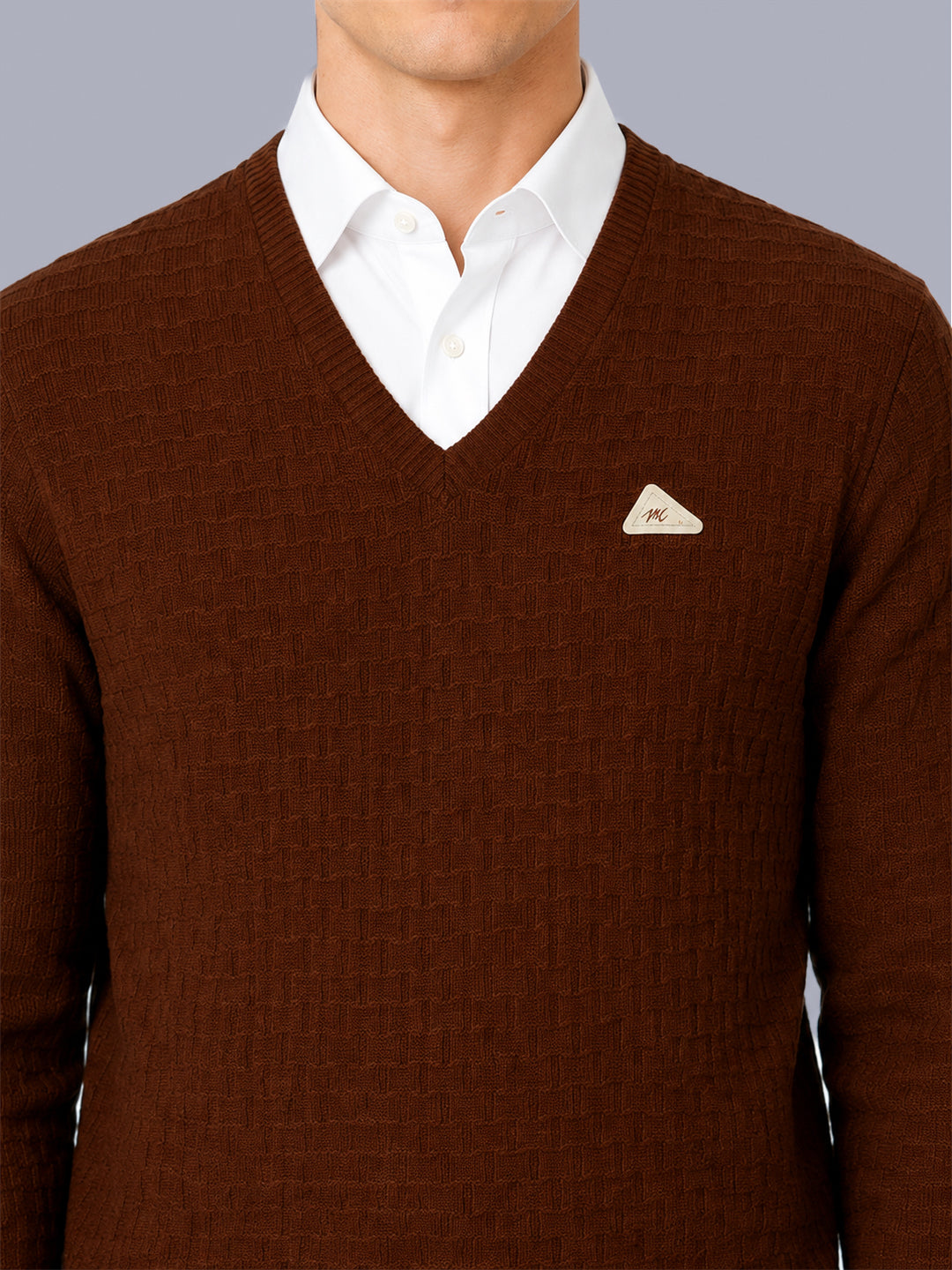 Men Brown Self Design V Neck Full Sleeve Pullover