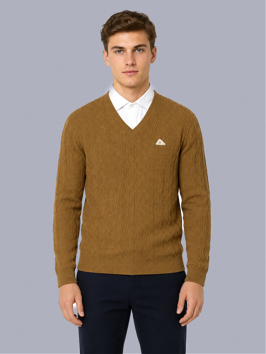 Men Mustard Self Design V Neck Full Sleeve Pullover