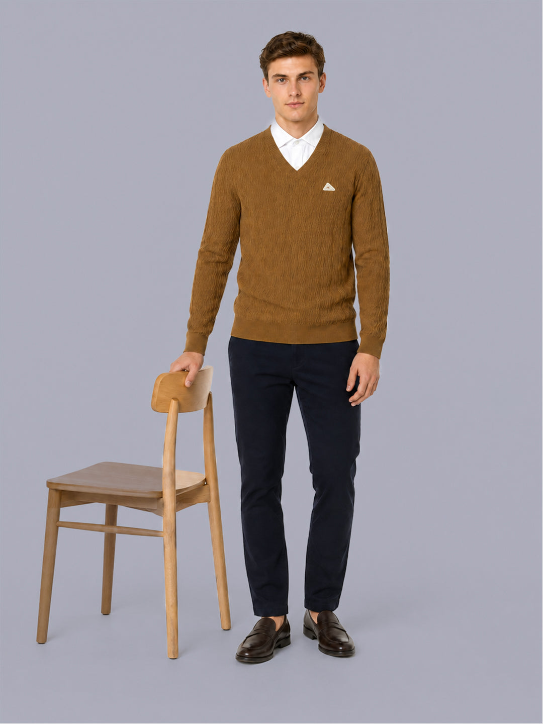 Men Mustard Self Design V Neck Full Sleeve Pullover