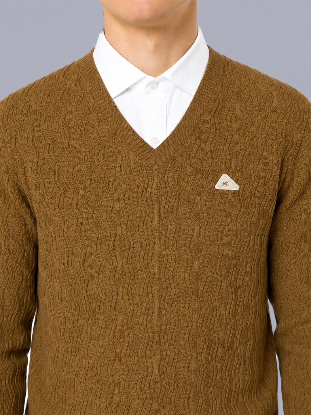 Men Mustard Self Design V Neck Full Sleeve Pullover