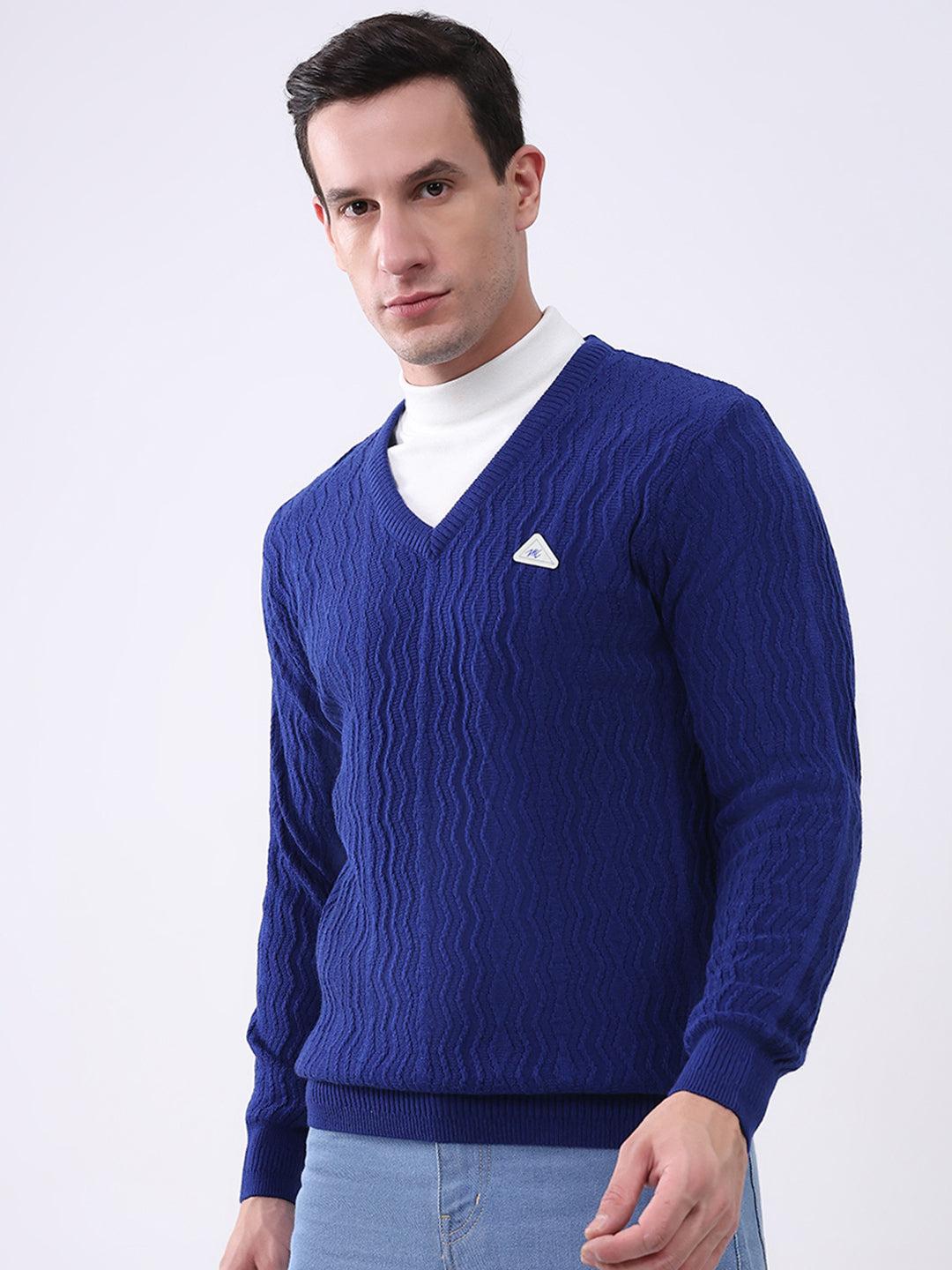 Men Royal Blue Self Design V Neck Full Sleeve Pullover
