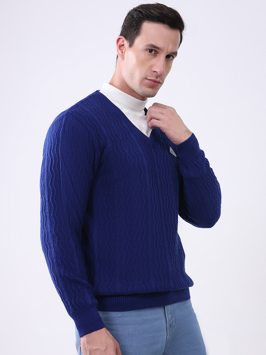 Men Royal Blue Self Design V Neck Full Sleeve Pullover