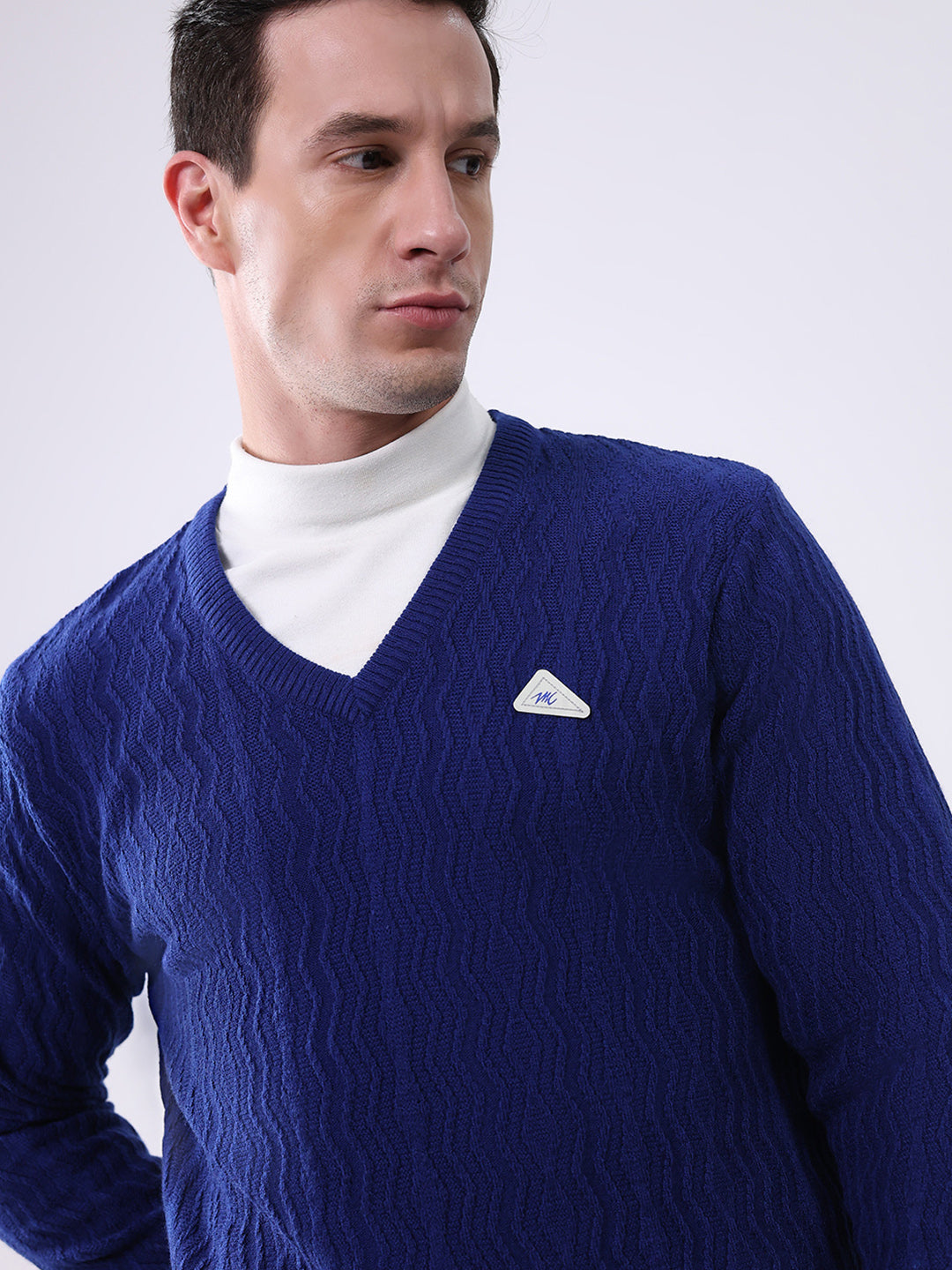 Men Royal Blue Self Design V Neck Full Sleeve Pullover