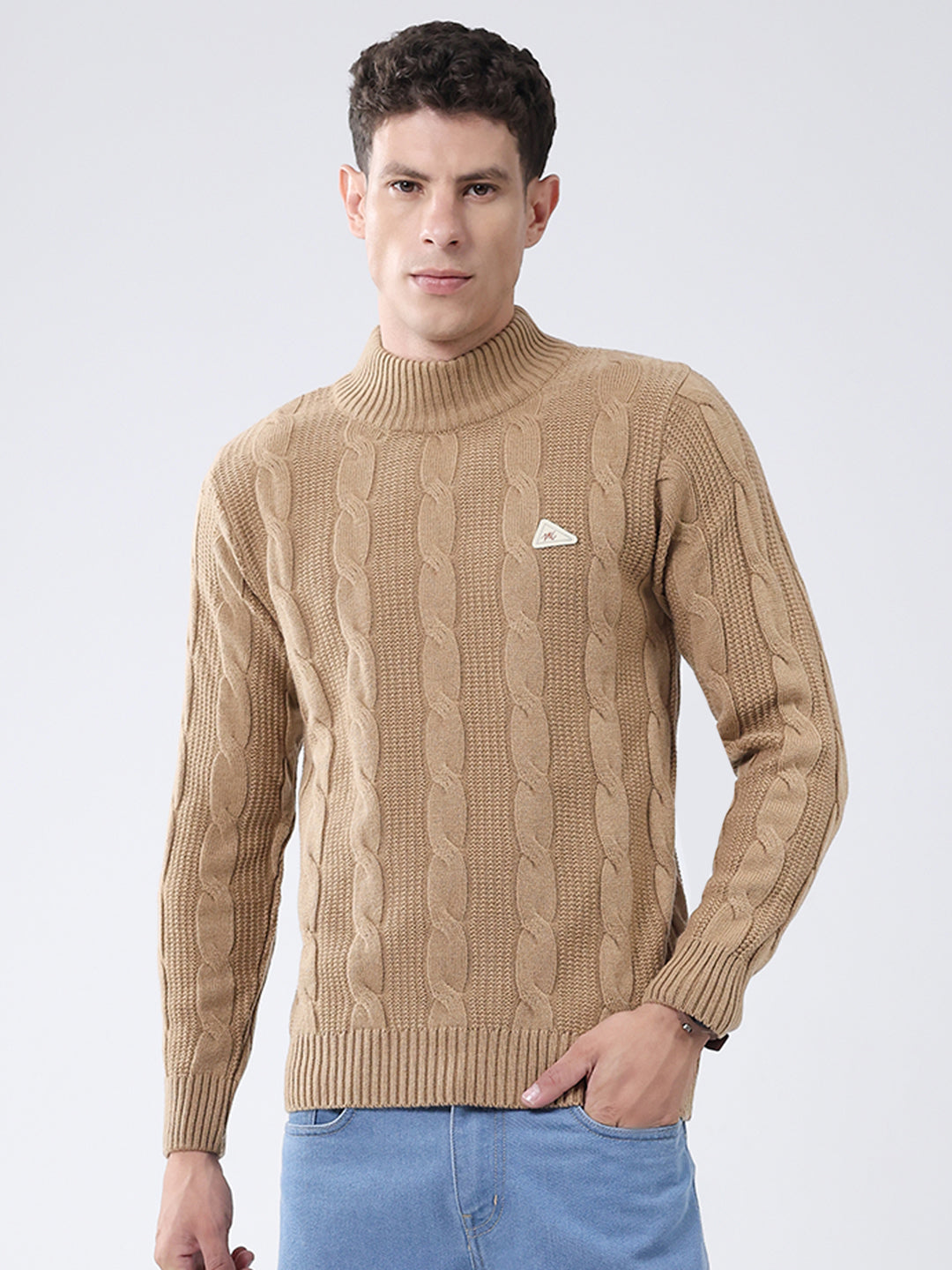 Men Khaki Self Design Turtle Neck Full Sleeve Pullover