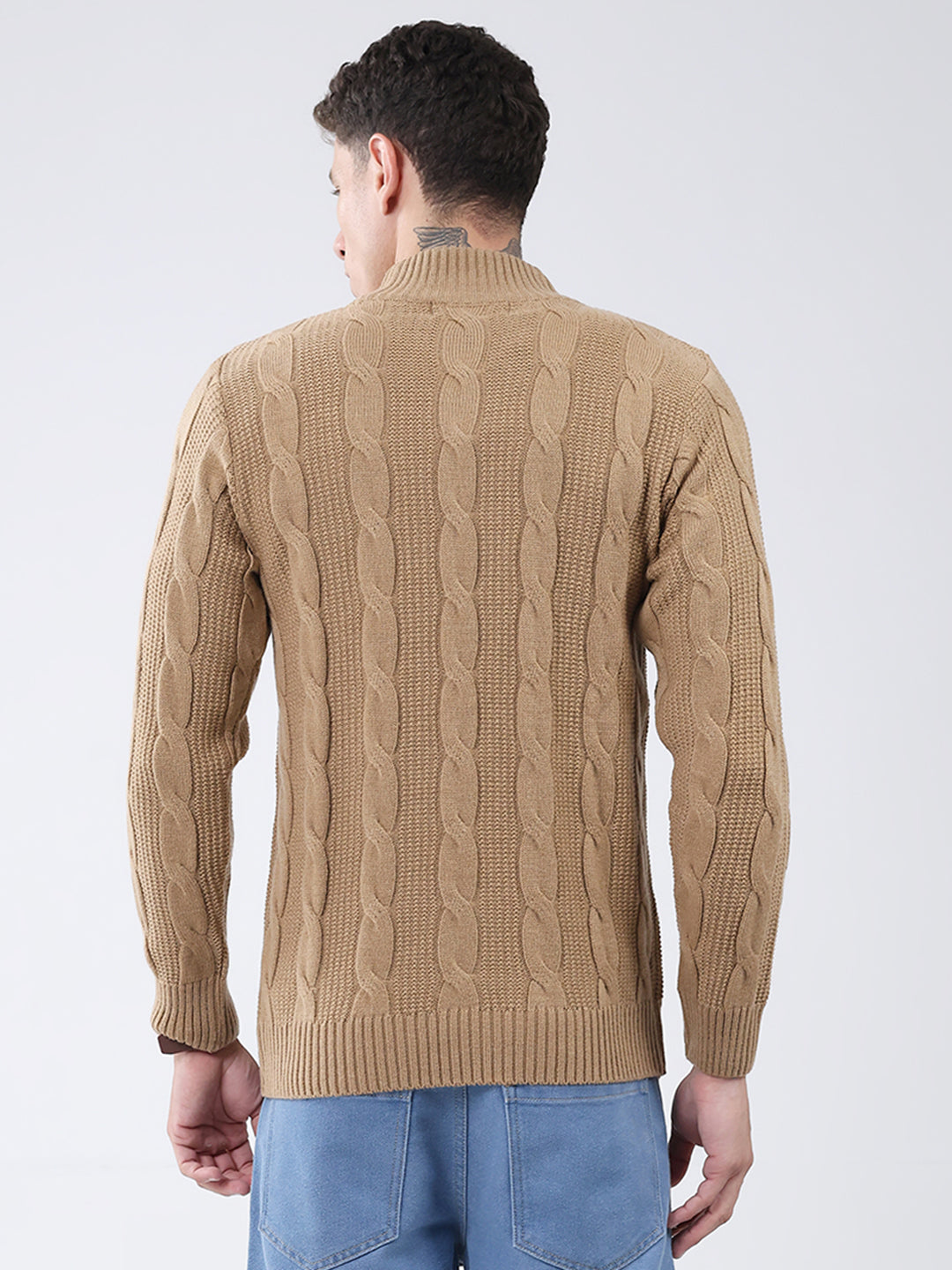 Men Khaki Self Design Turtle Neck Full Sleeve Pullover