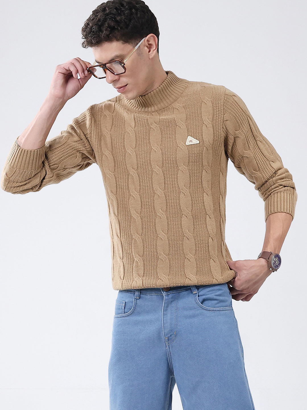 Men Khaki Self Design Turtle Neck Full Sleeve Pullover