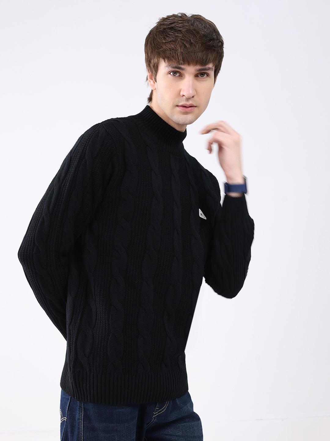 Men Black Self Design Mock Neck Full Sleeve Pullover