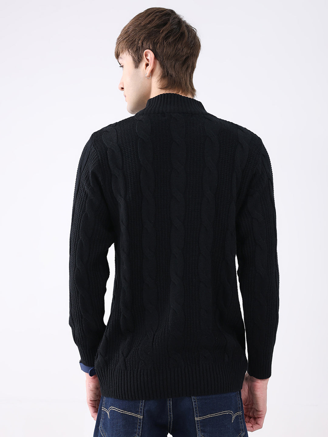 Men Black Self Design Mock Neck Full Sleeve Pullover