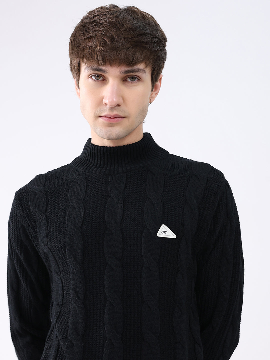 Men Black Self Design Mock Neck Full Sleeve Pullover