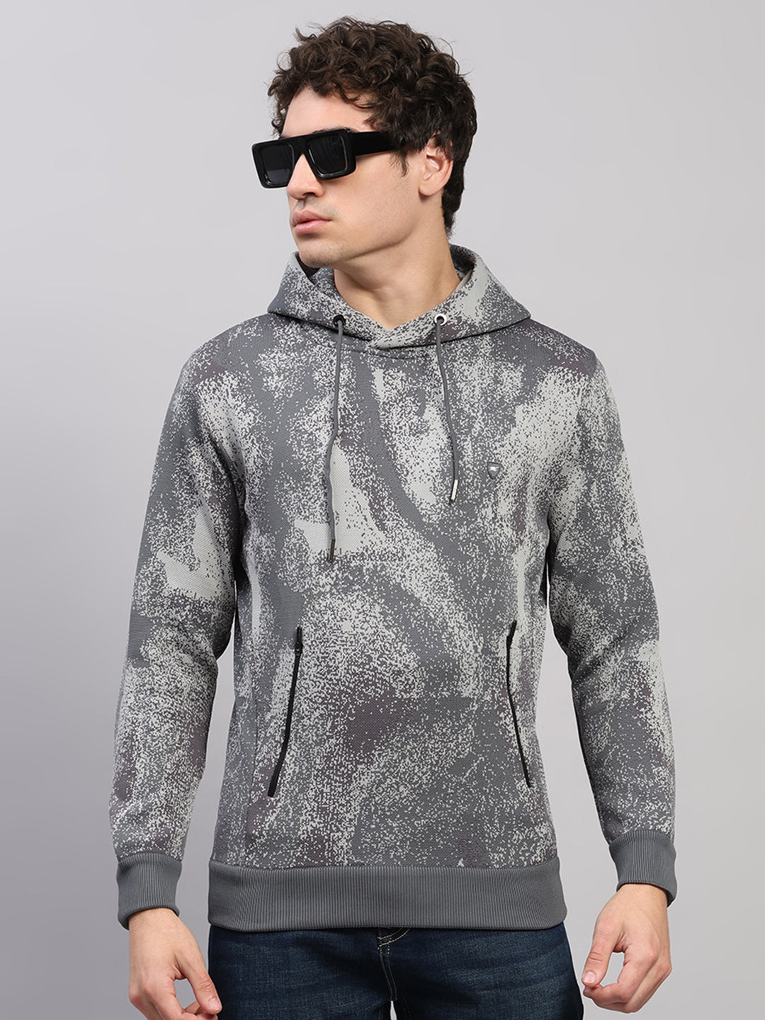 Men Light Grey Printed Hooded Full Sleeve Pullover