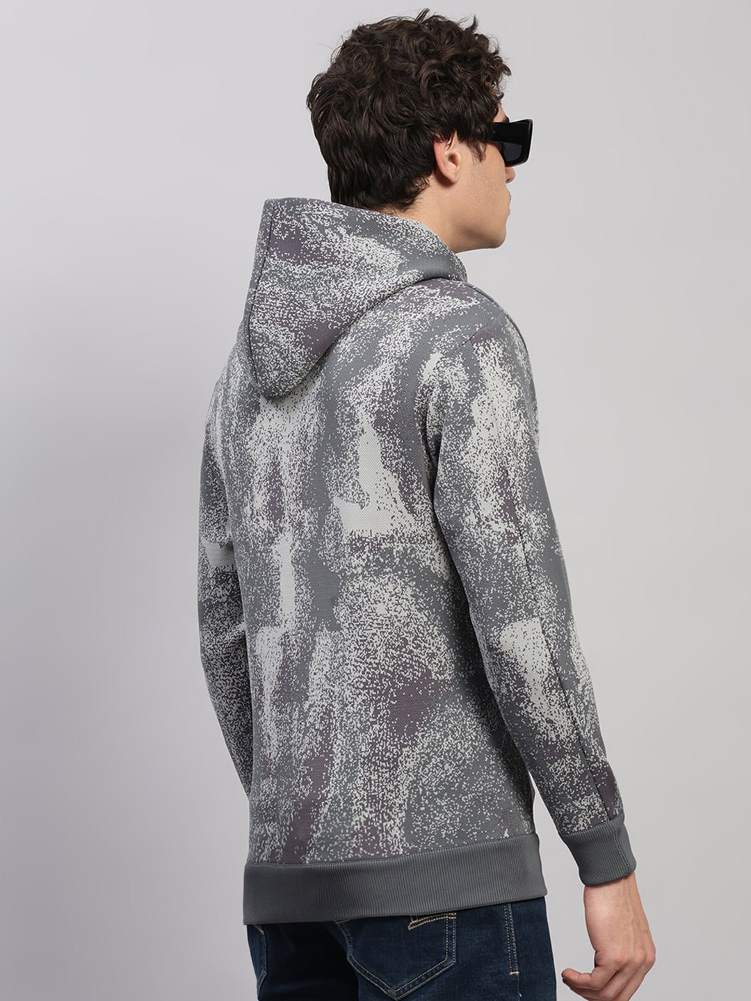 Men Light Grey Printed Hooded Full Sleeve Pullover