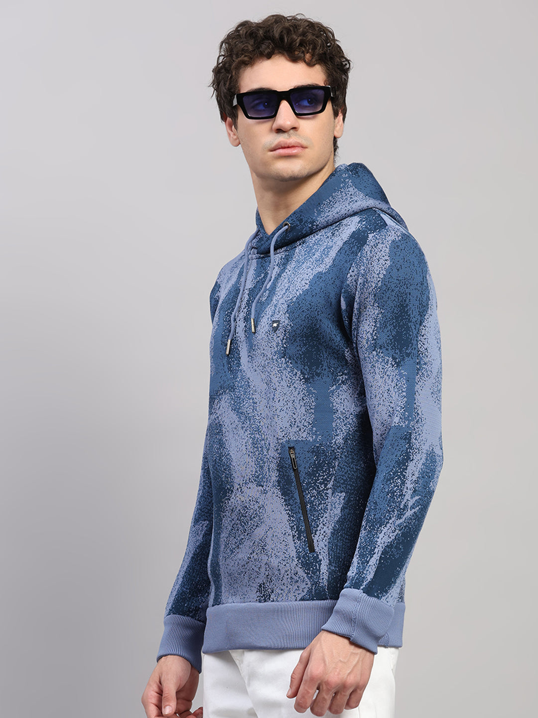 Men Light Blue Printed Hooded Full Sleeve Pullover