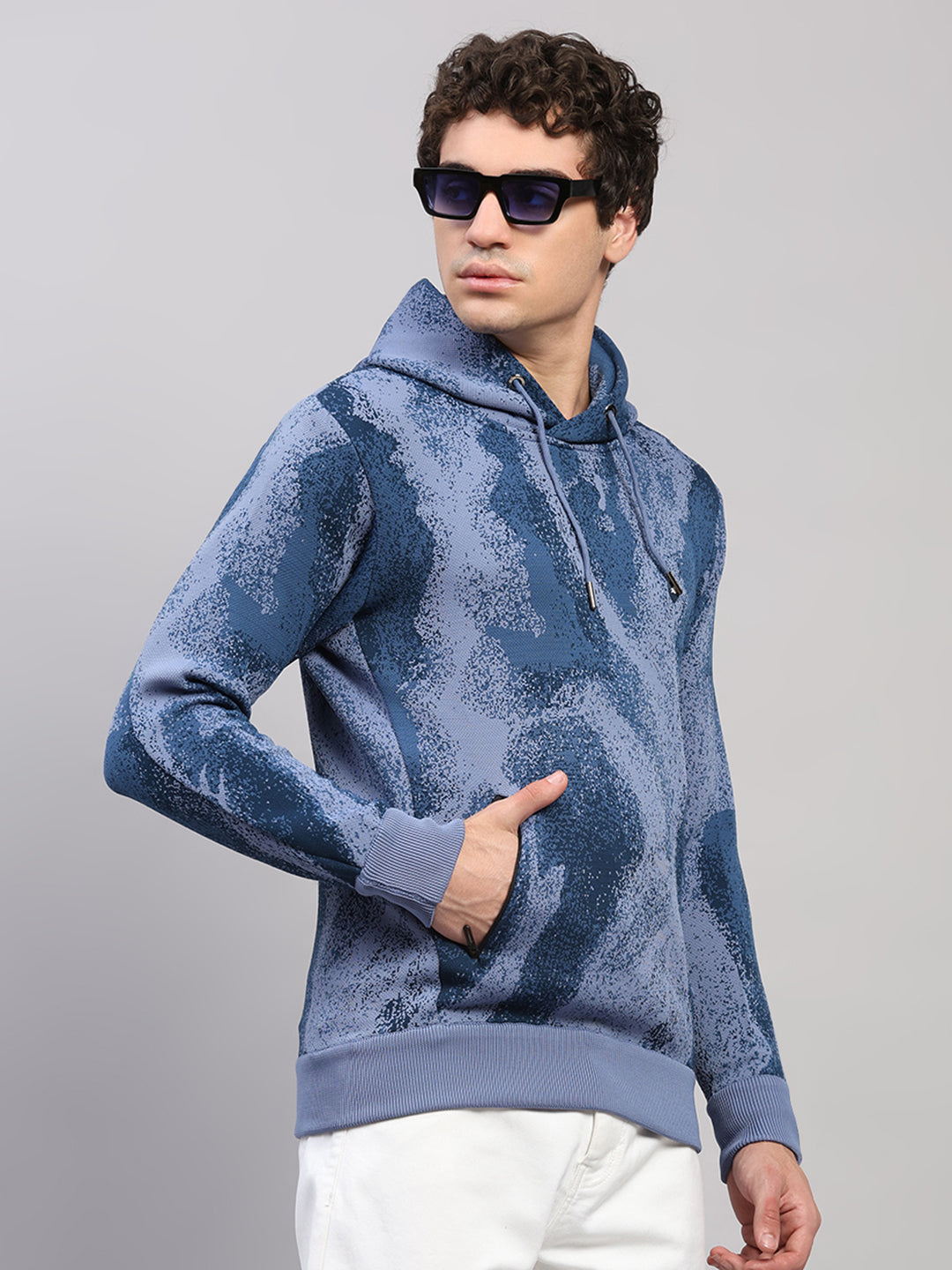 Men Light Blue Printed Hooded Full Sleeve Pullover