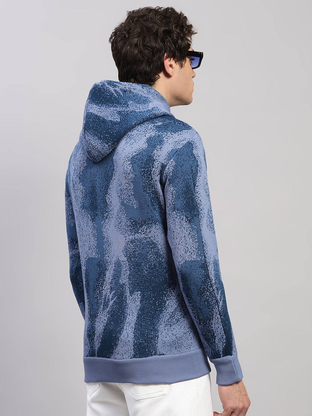 Men Light Blue Printed Hooded Full Sleeve Pullover