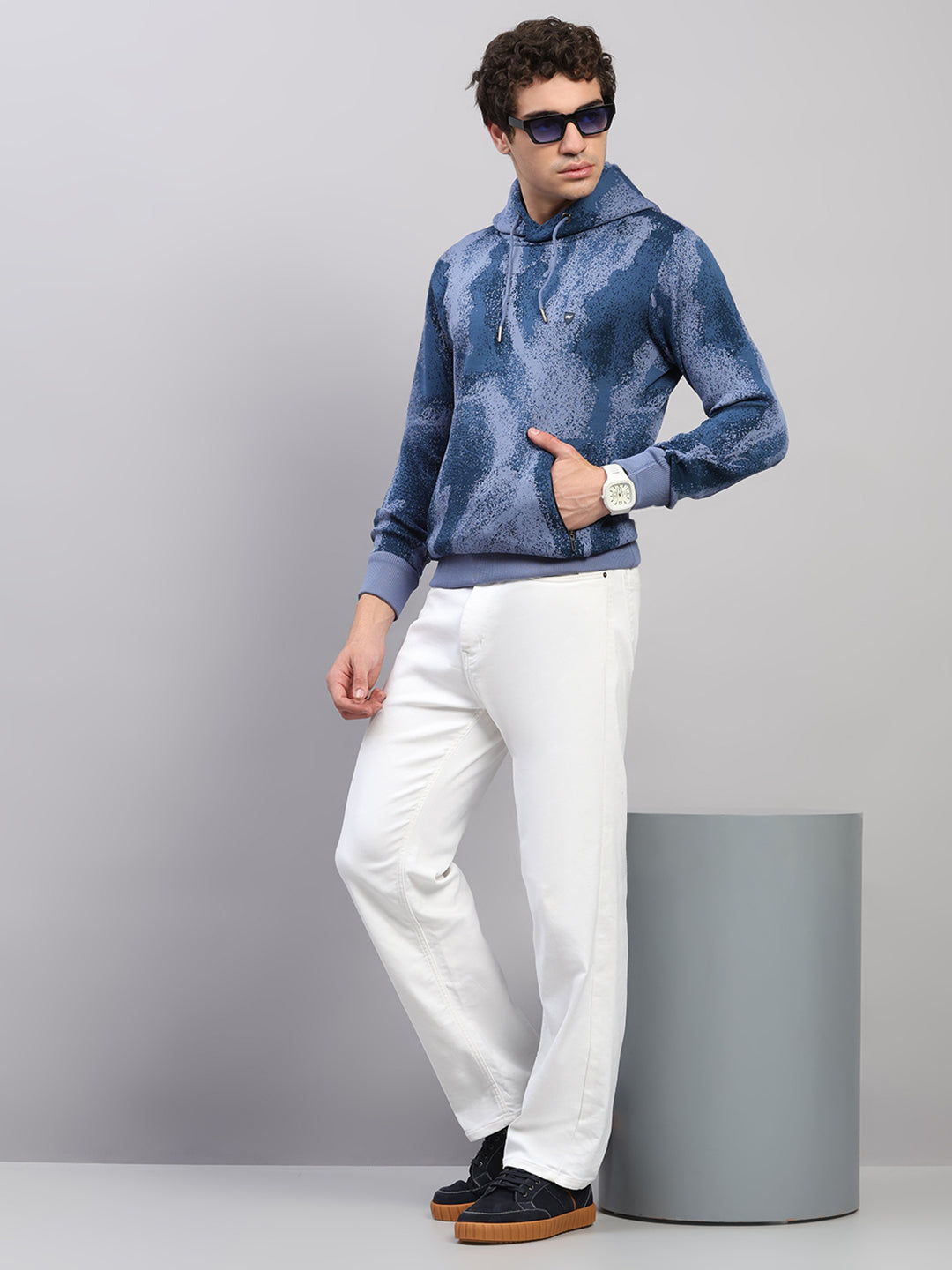 Men Light Blue Printed Hooded Full Sleeve Pullover