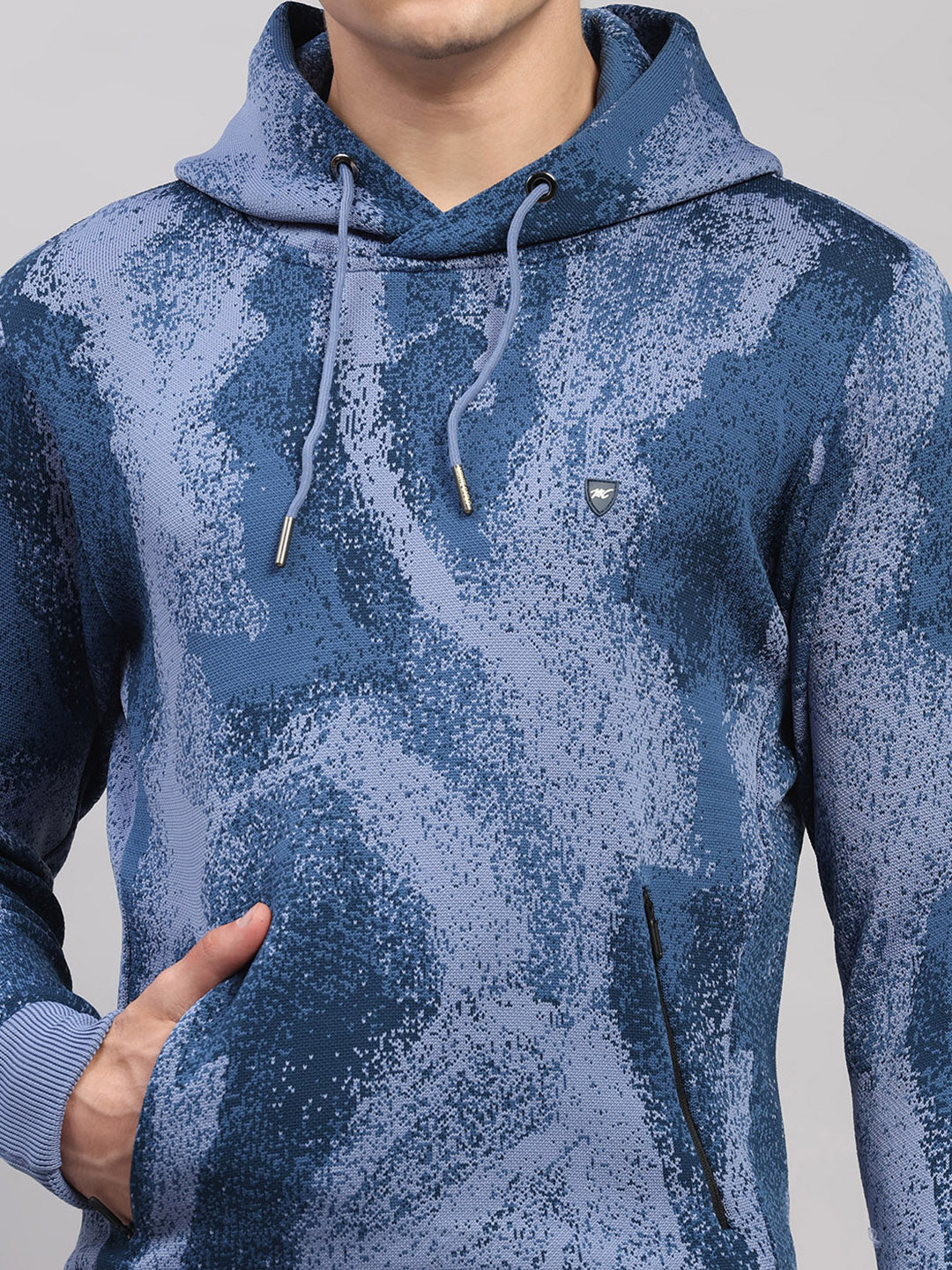 Men Light Blue Printed Hooded Full Sleeve Pullover