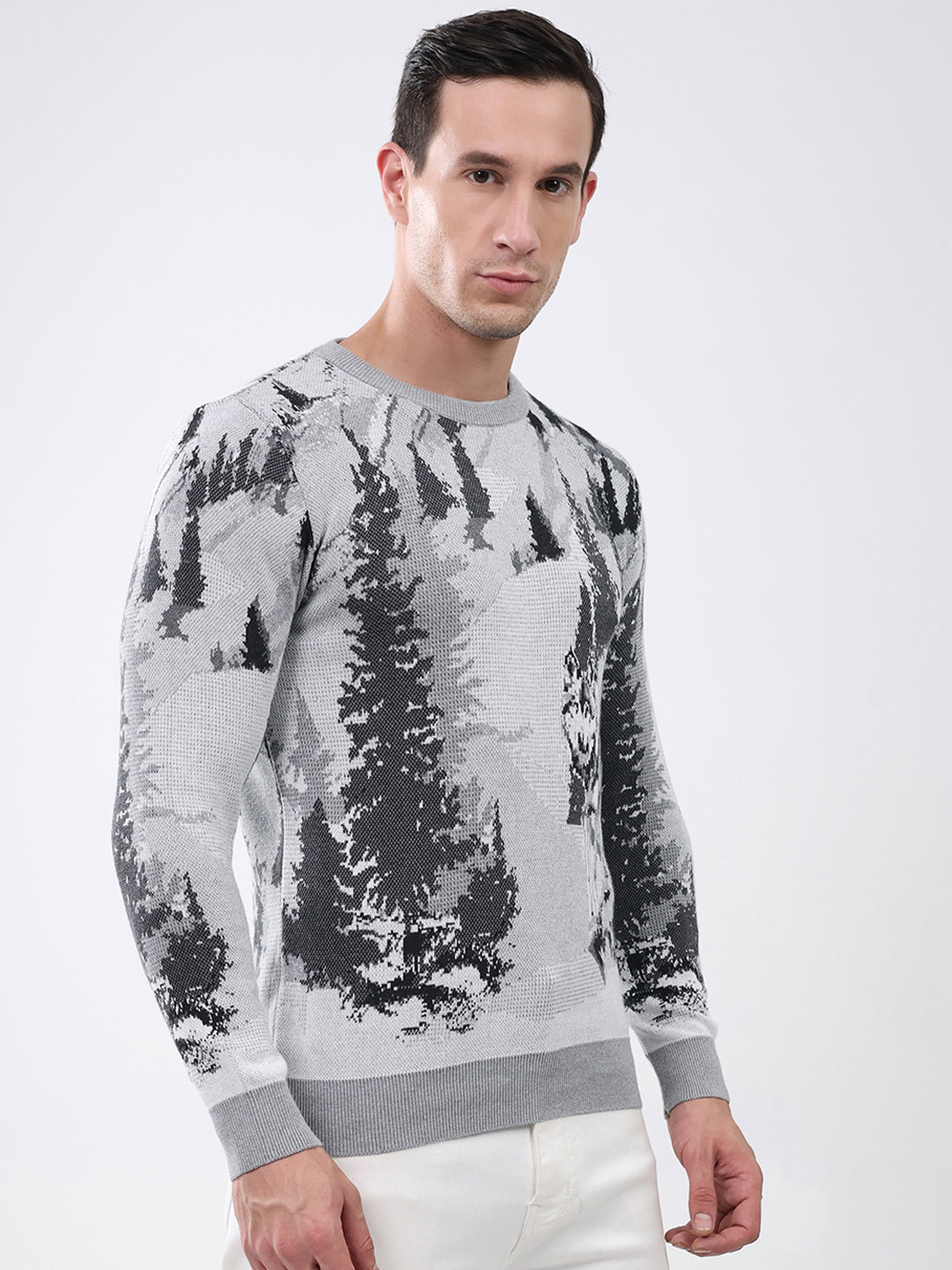 Men Grey Printed Round Neck Full Sleeve Pullover
