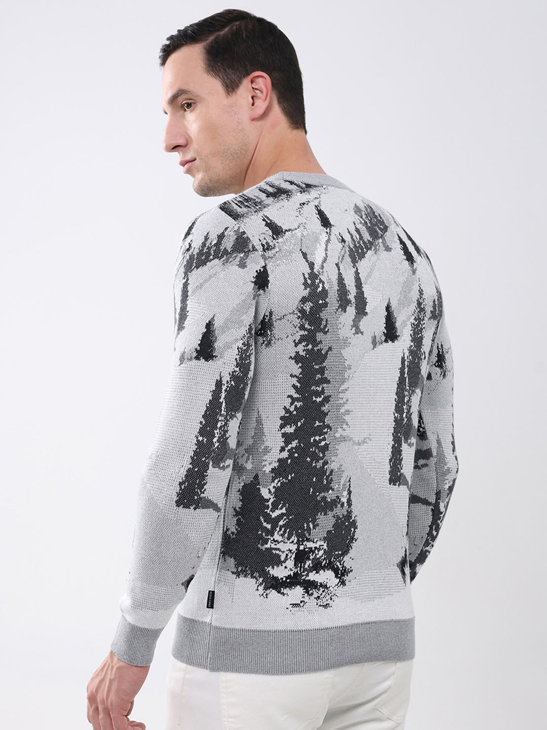 Men Grey Printed Round Neck Full Sleeve Pullover