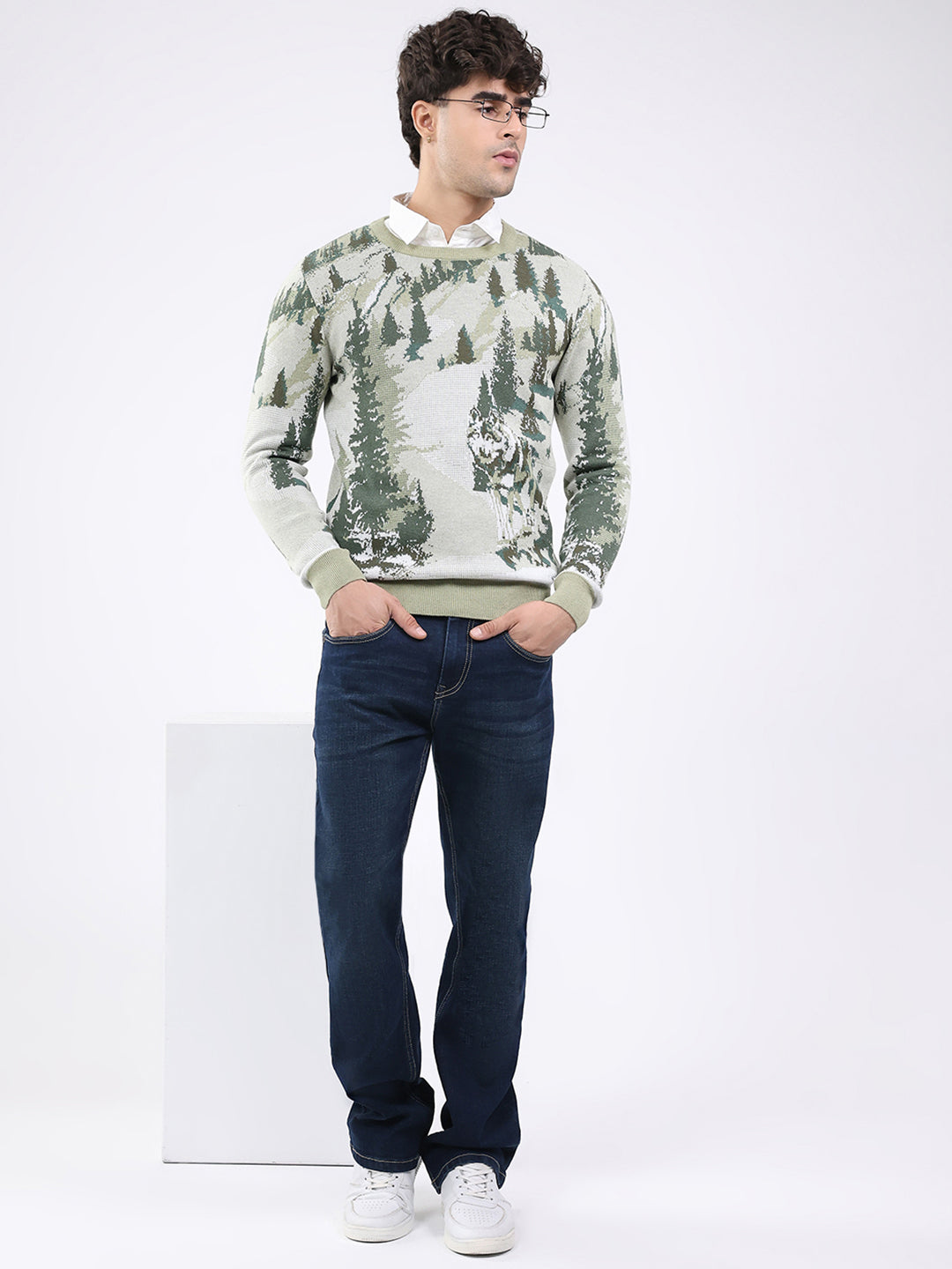 Men Green Self Design Round Neck Full Sleeve Pullover