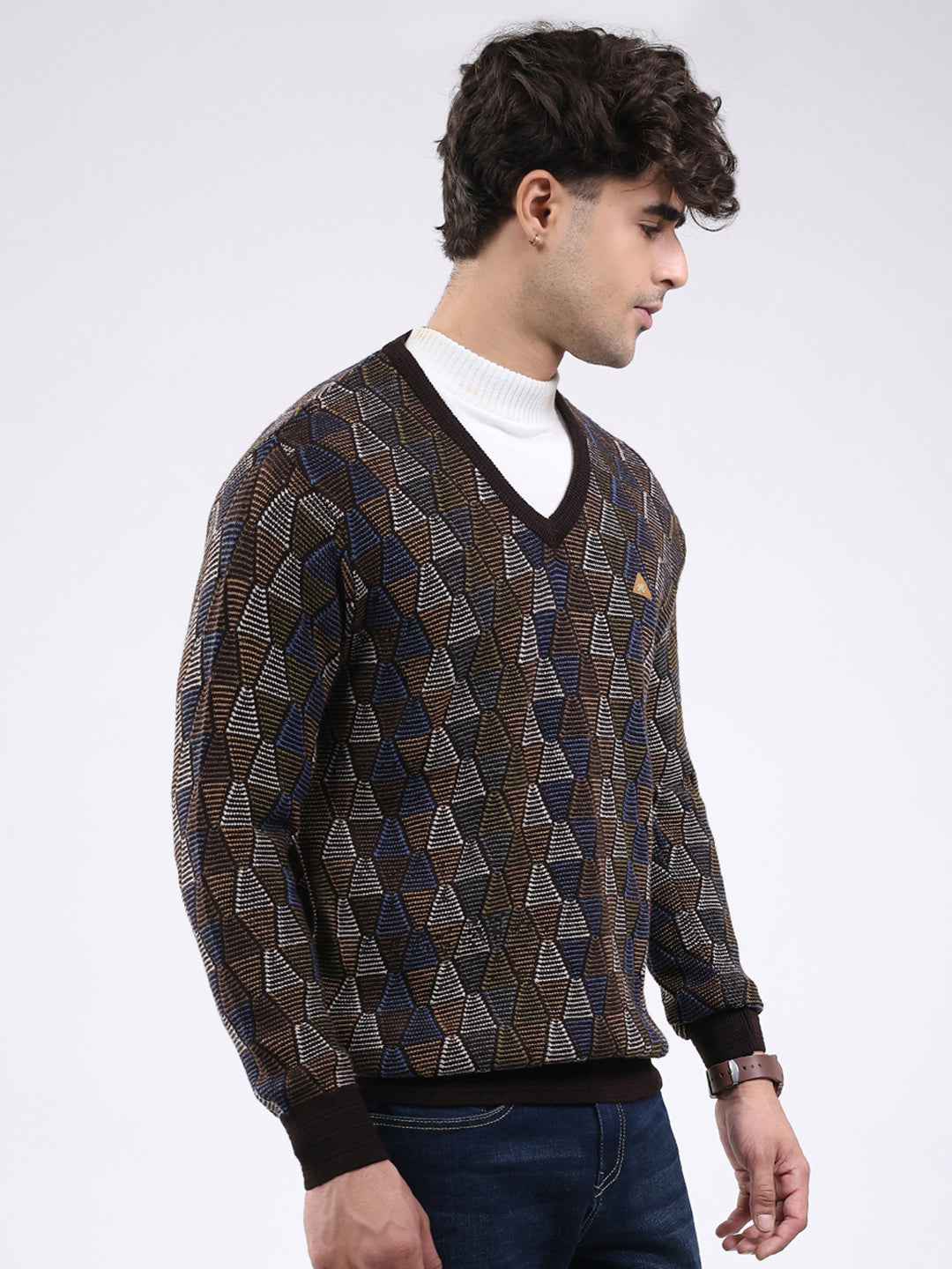 Men Brown Self Design V Neck Full Sleeve Pullover