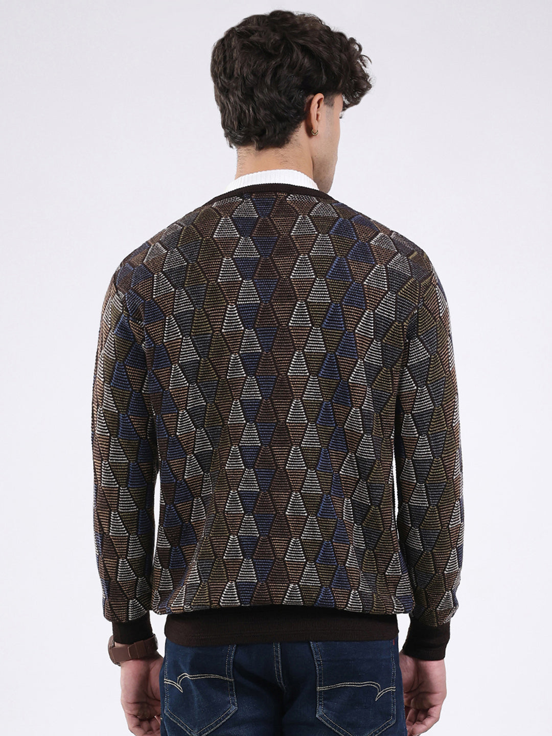 Men Brown Self Design V Neck Full Sleeve Pullover