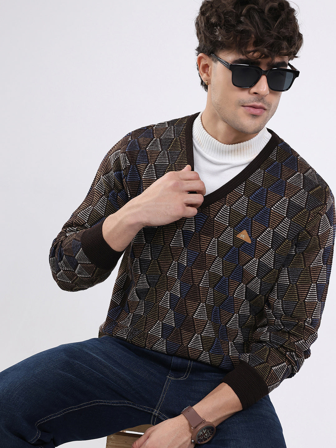 Men Brown Self Design V Neck Full Sleeve Pullover