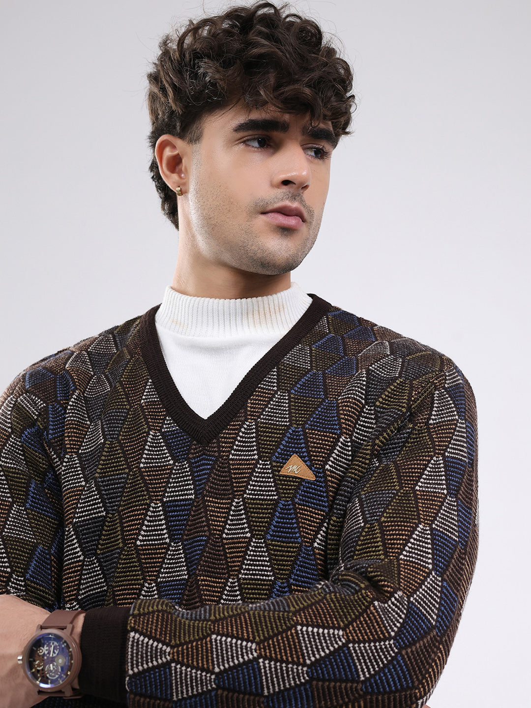 Men Brown Self Design V Neck Full Sleeve Pullover