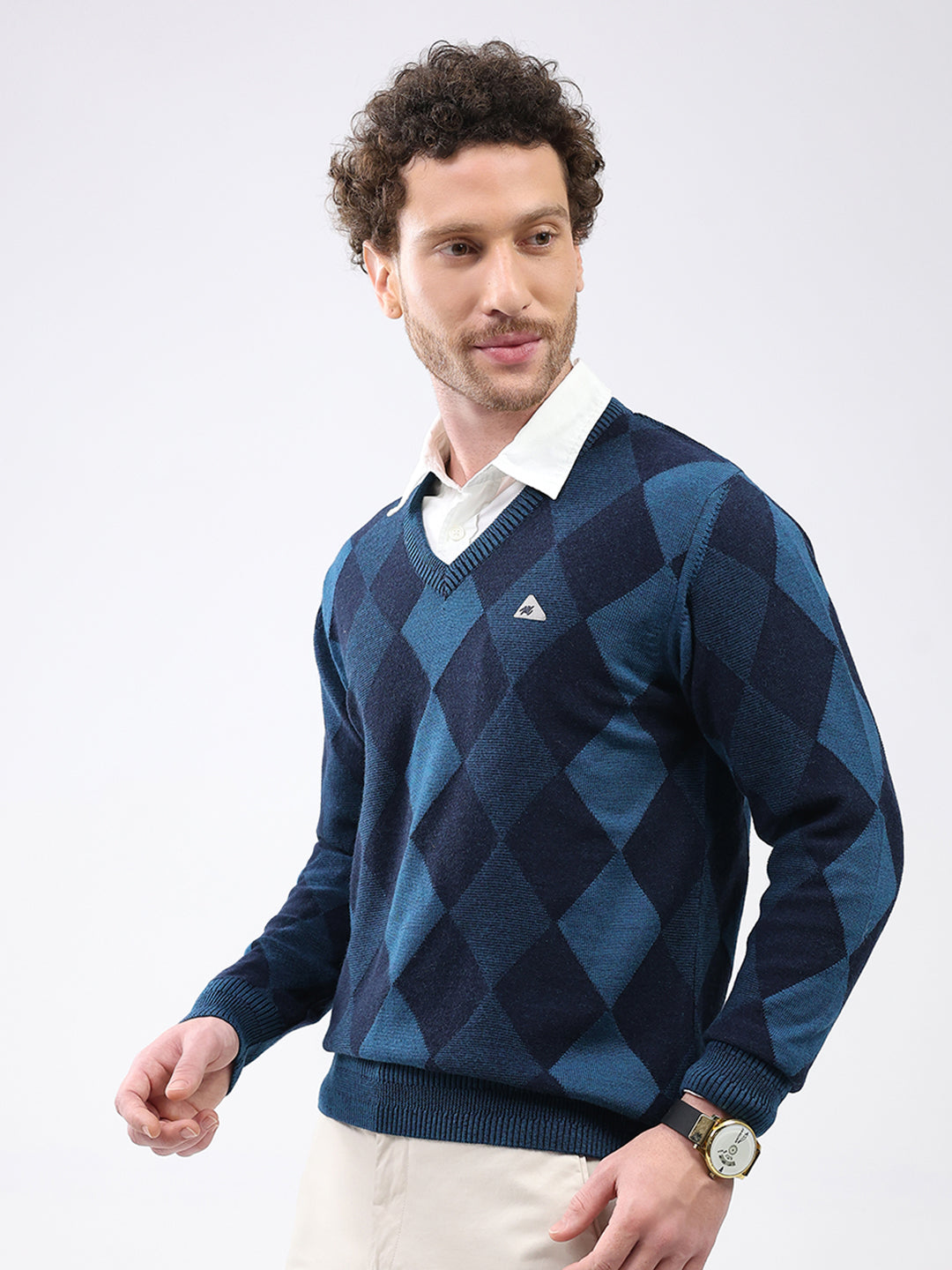 Men Blue Geometric V Neck Full Sleeve Pullover