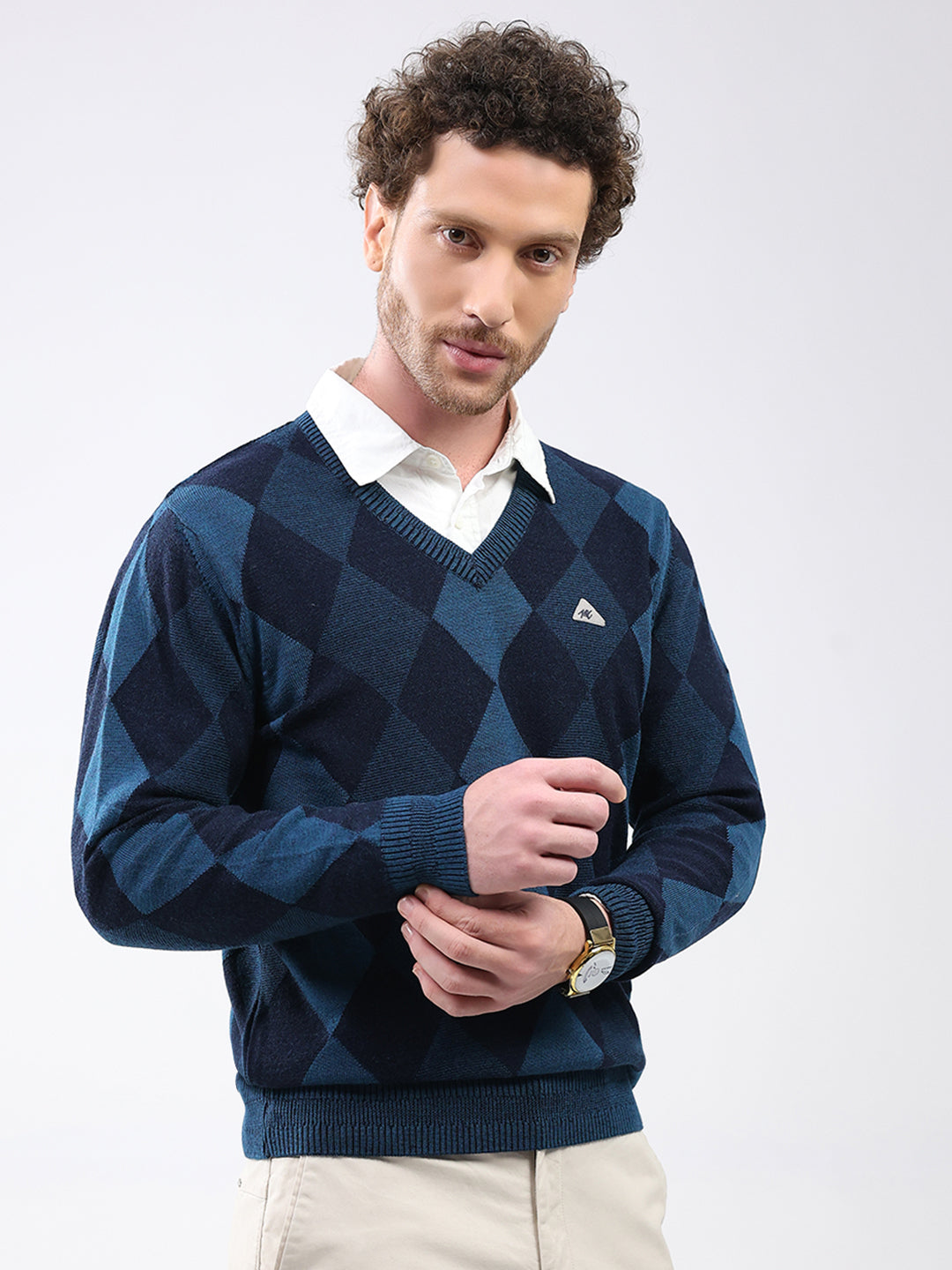 Men Blue Geometric V Neck Full Sleeve Pullover