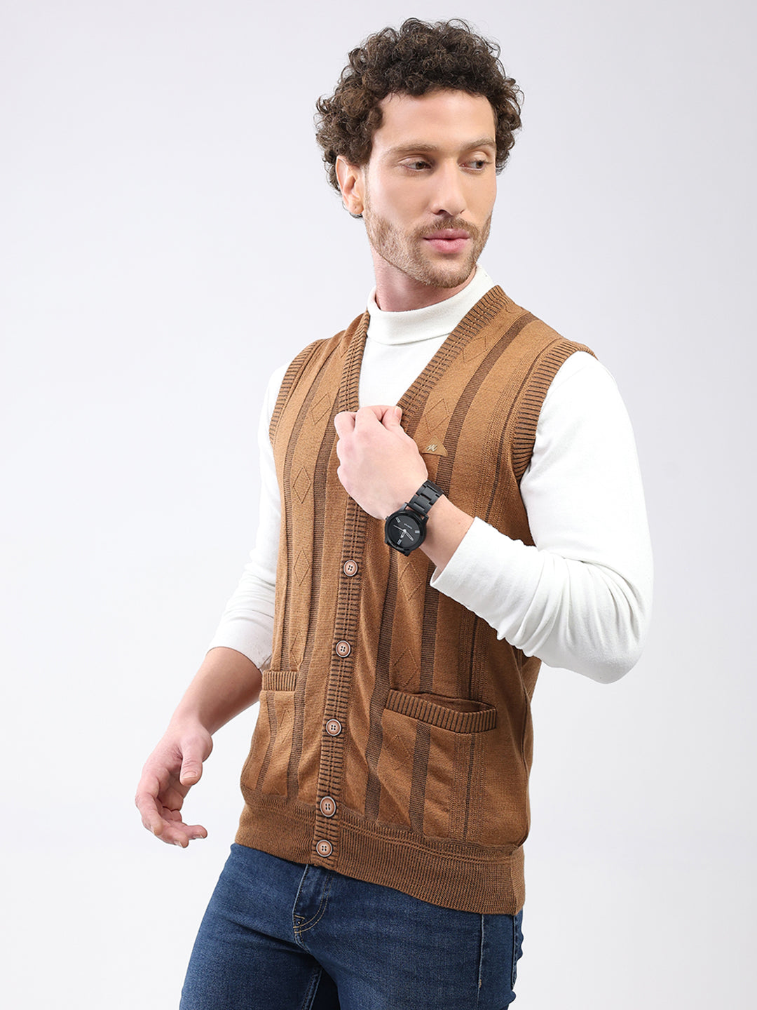 Men Khaki Self Design V Neck Sleeveless Cardigan