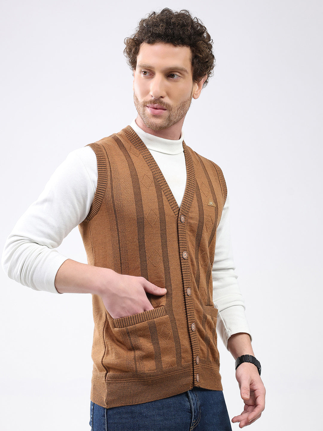 Men Khaki Self Design V Neck Sleeveless Cardigan