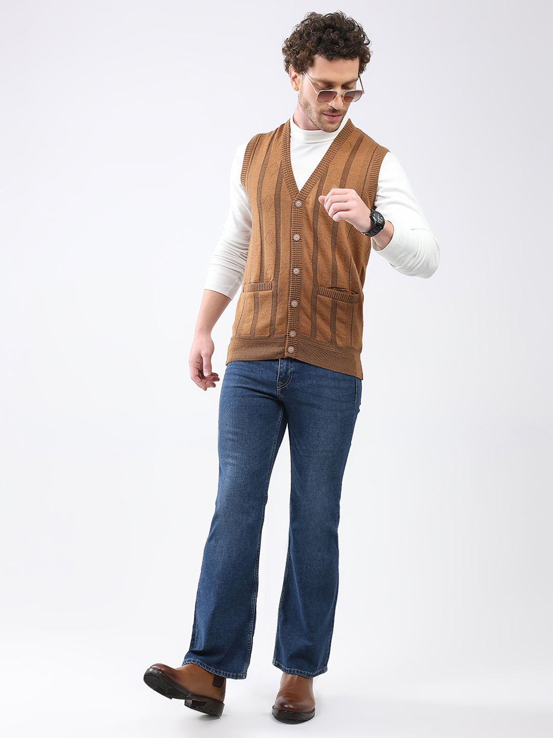 Men Khaki Self Design V Neck Sleeveless Cardigan