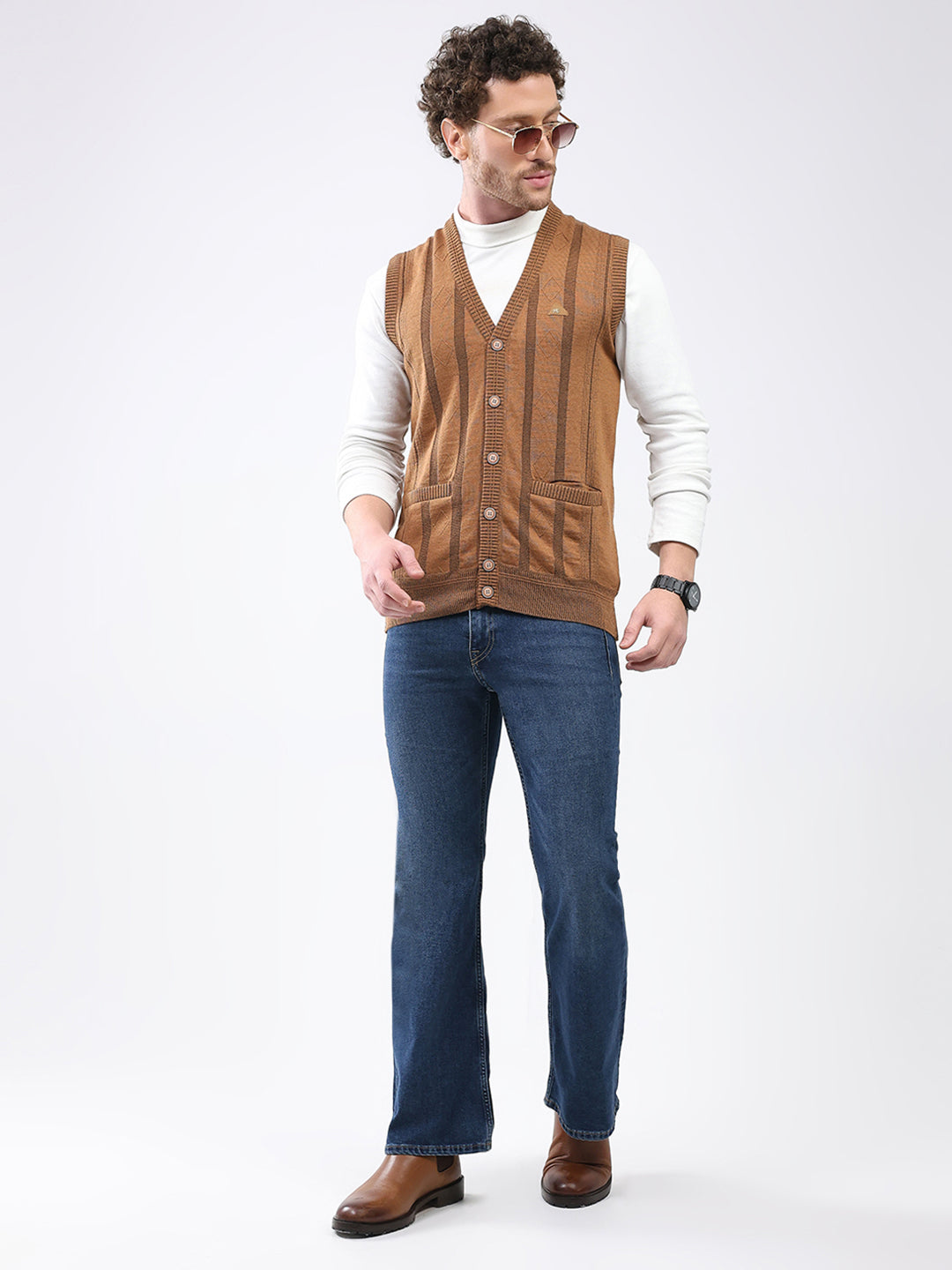 Men Khaki Self Design V Neck Sleeveless Cardigan