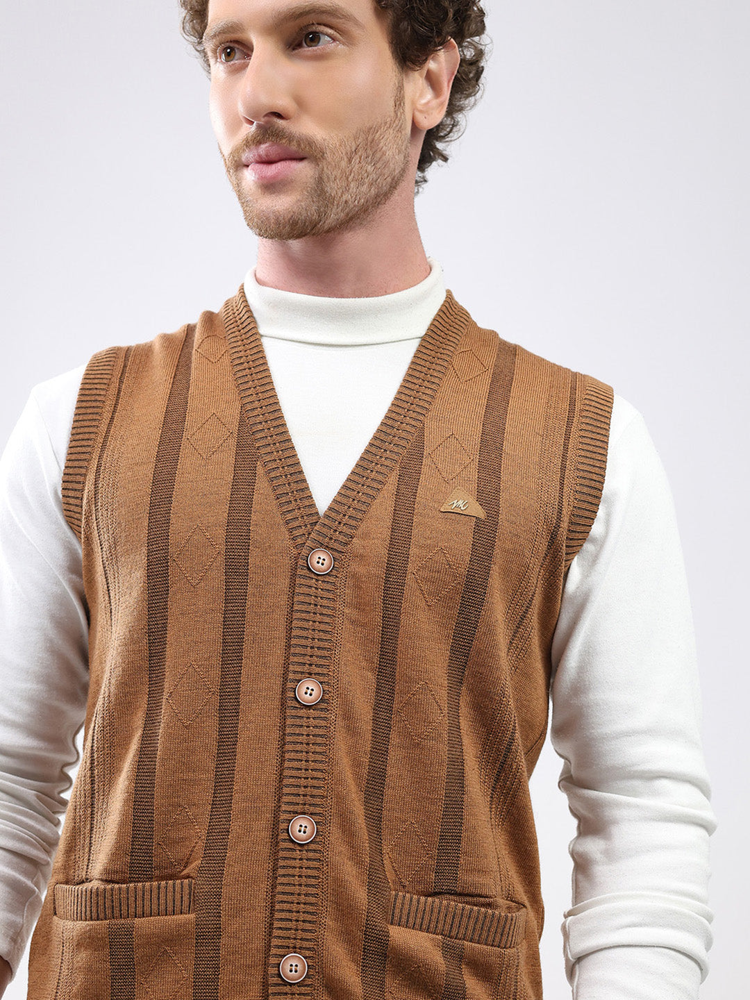 Men Khaki Self Design V Neck Sleeveless Cardigan