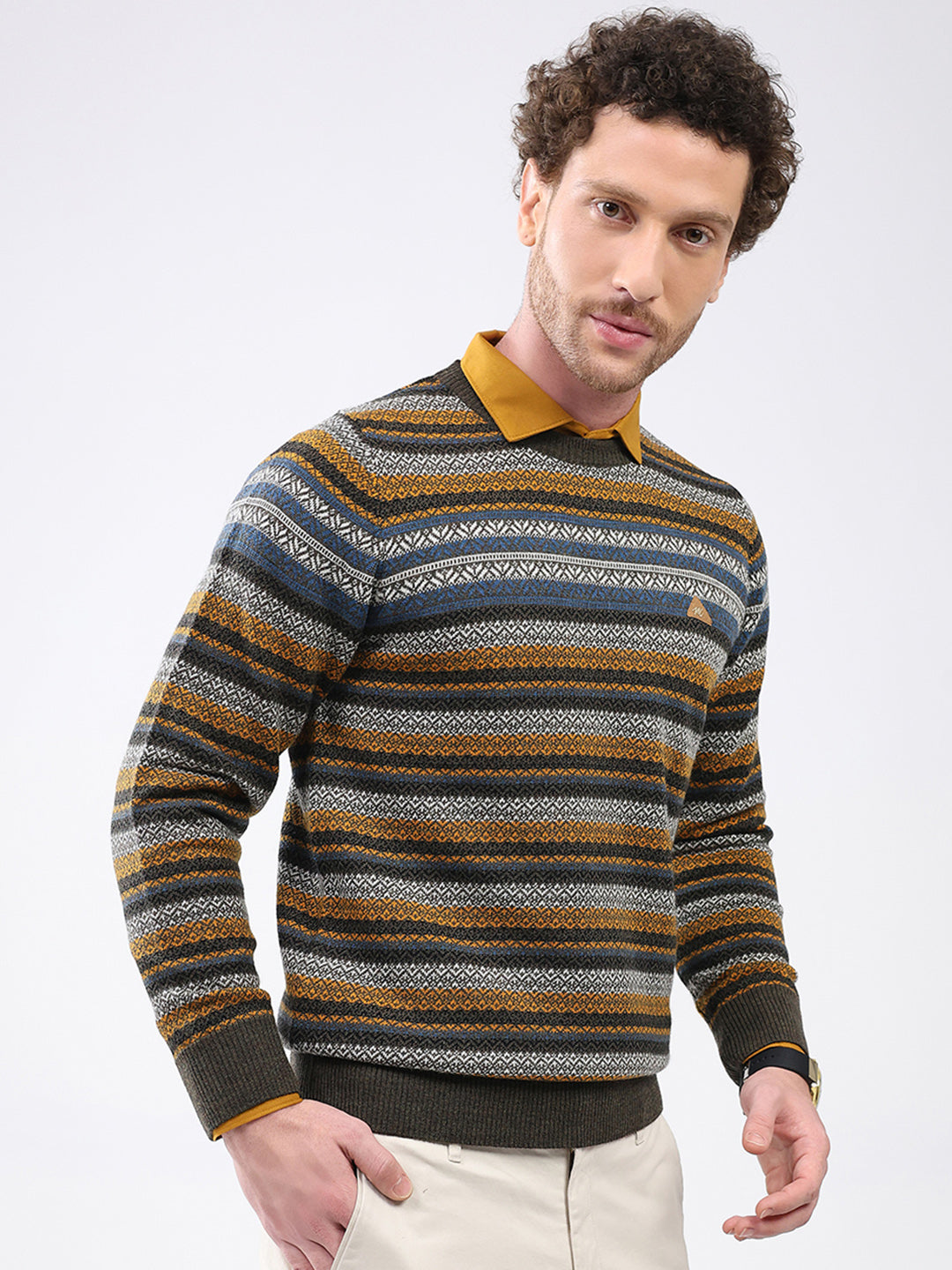 Men Green Stripe Round Neck Full Sleeve Pullover