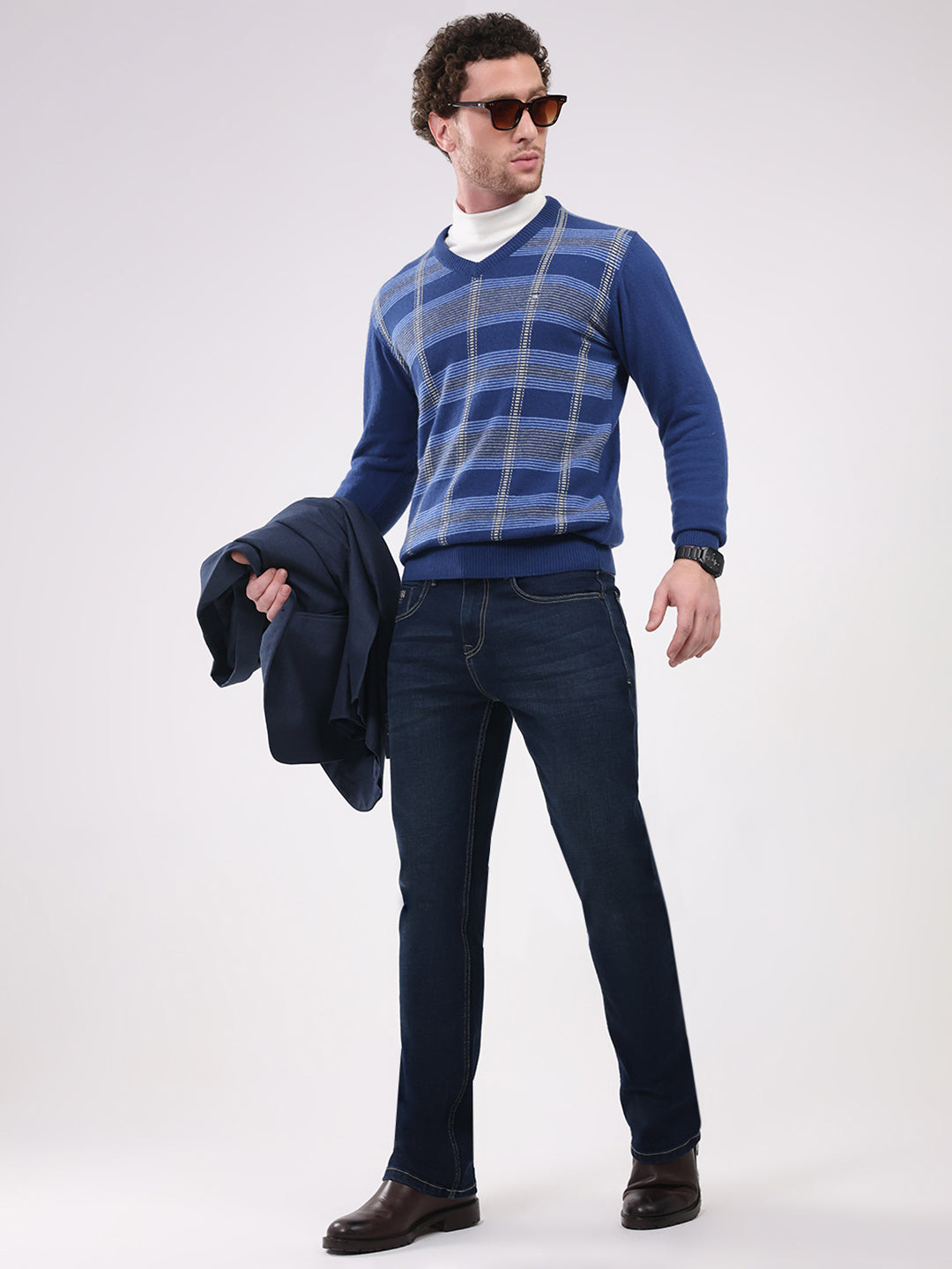 Men Dark Blue Printed V Neck Full Sleeve Pullover