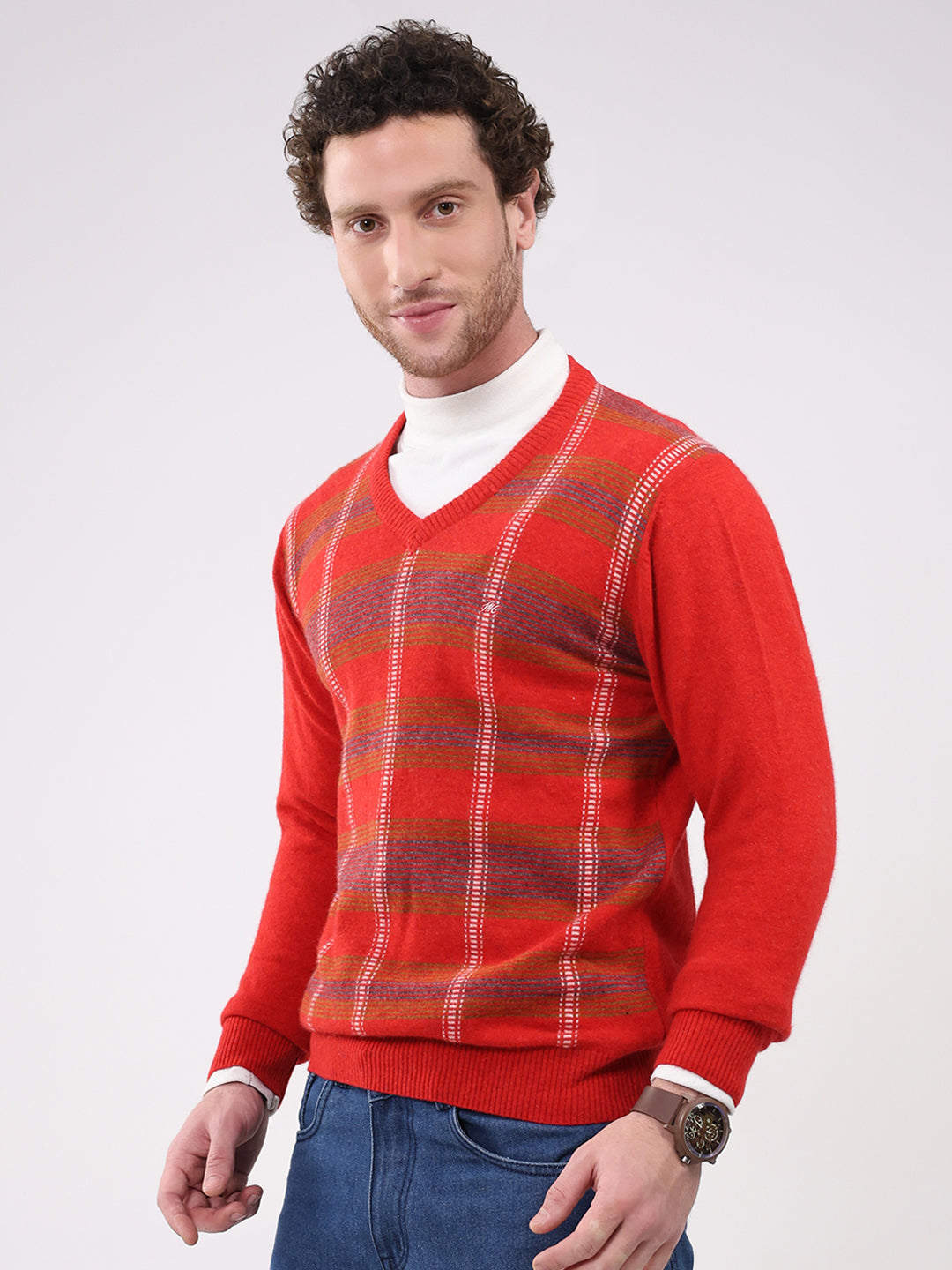 Men Red Printed V Neck Full Sleeve Pullover