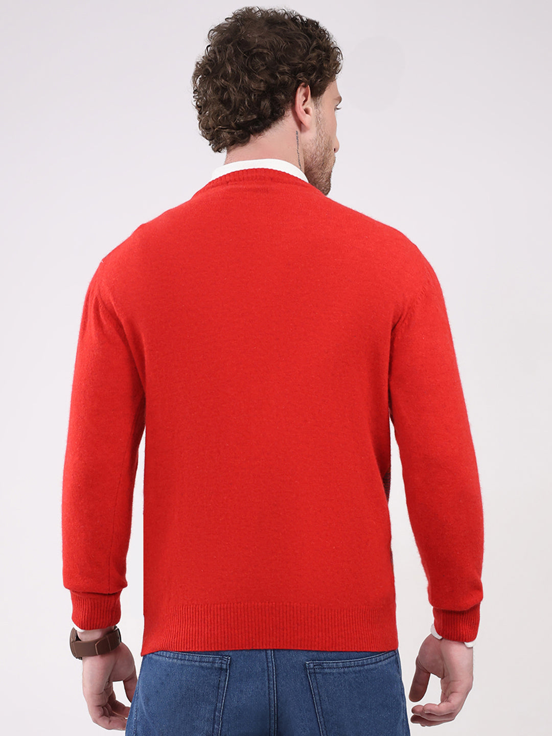 Men Red Printed V Neck Full Sleeve Pullover