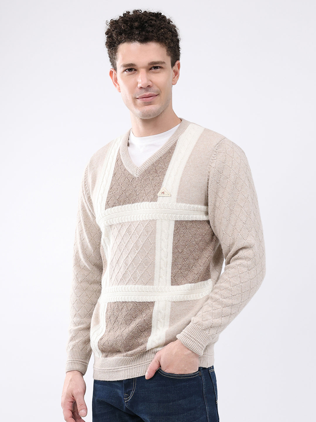 Men Beige Self Design V Neck Full Sleeve Pullover
