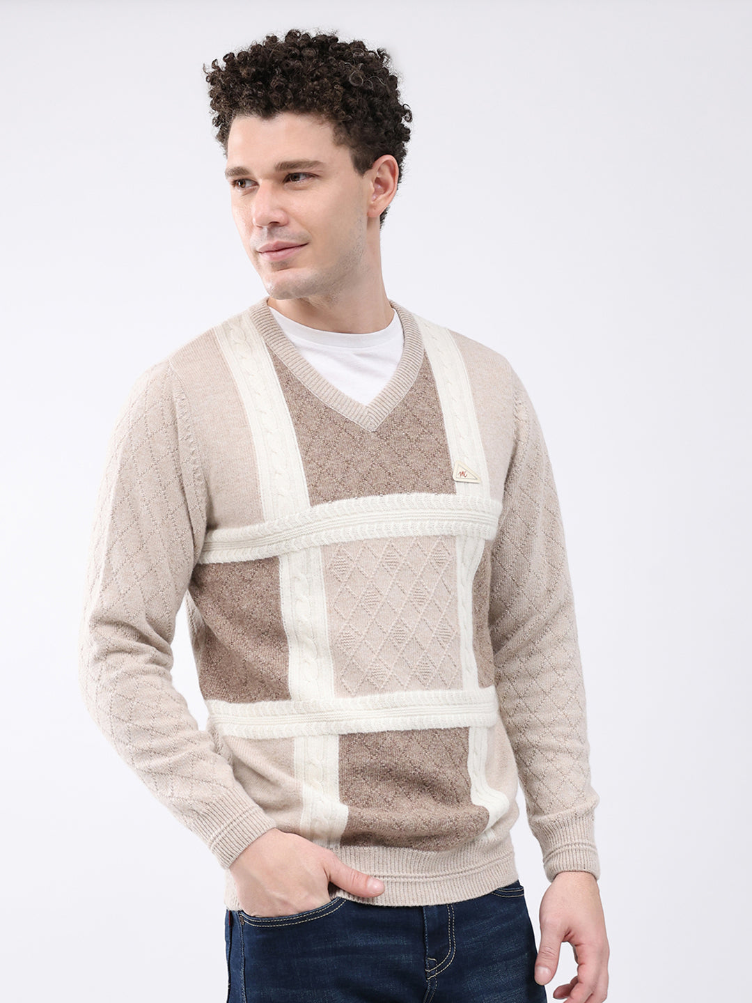 Men Beige Self Design V Neck Full Sleeve Pullover