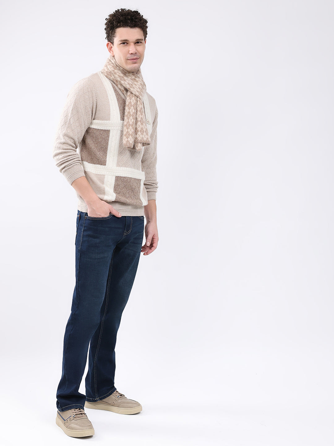 Men Beige Self Design V Neck Full Sleeve Pullover