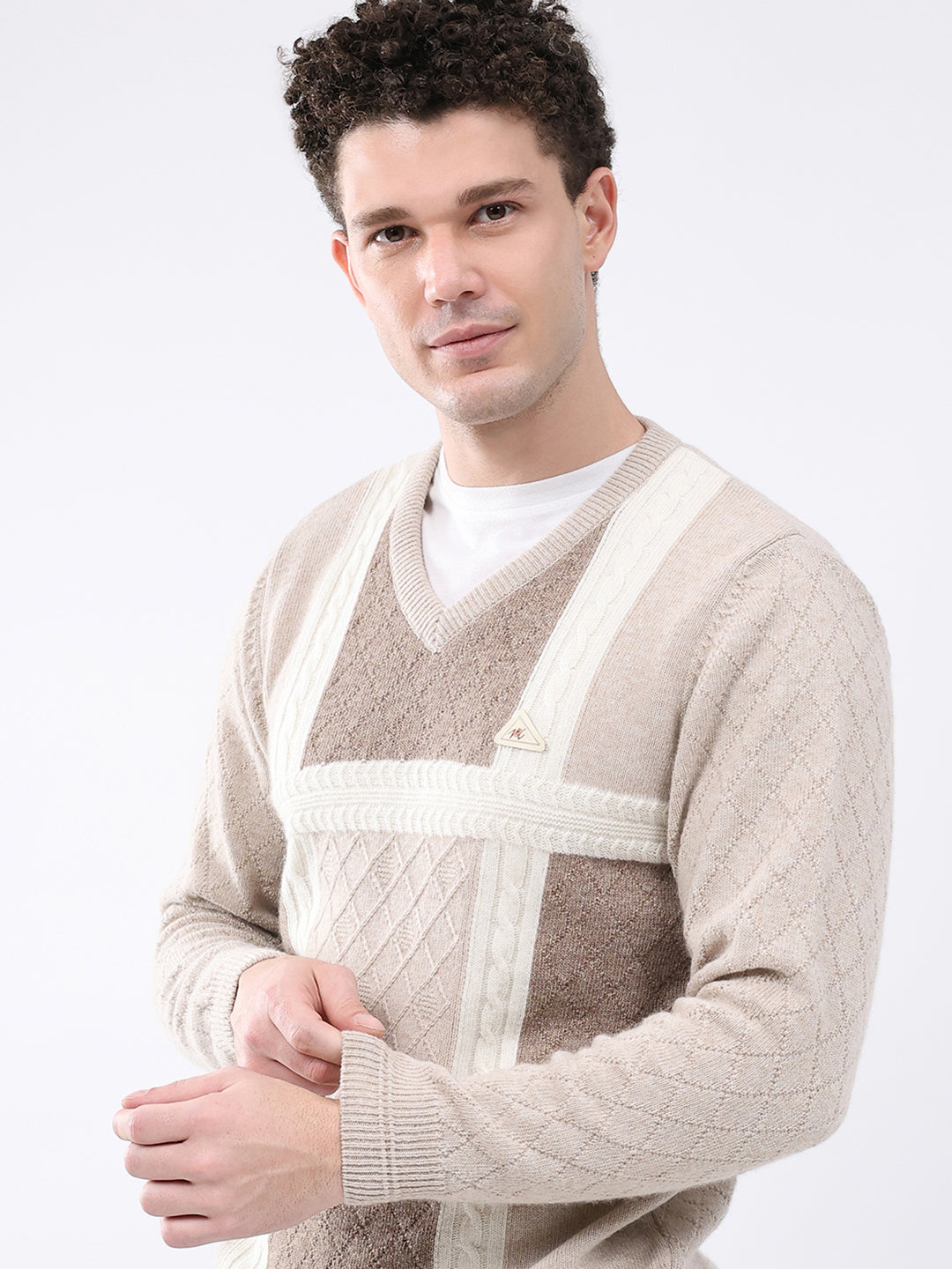 Men Beige Self Design V Neck Full Sleeve Pullover