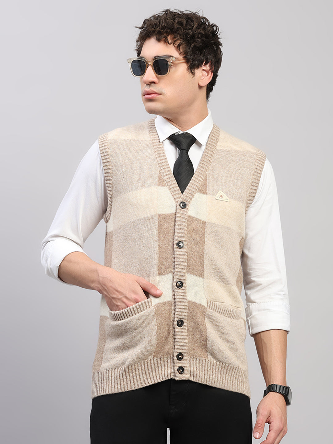 Men Beige Printed V Neck Sleeveless Cardigan