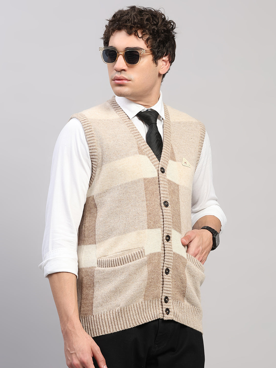 Men Beige Printed V Neck Sleeveless Cardigan