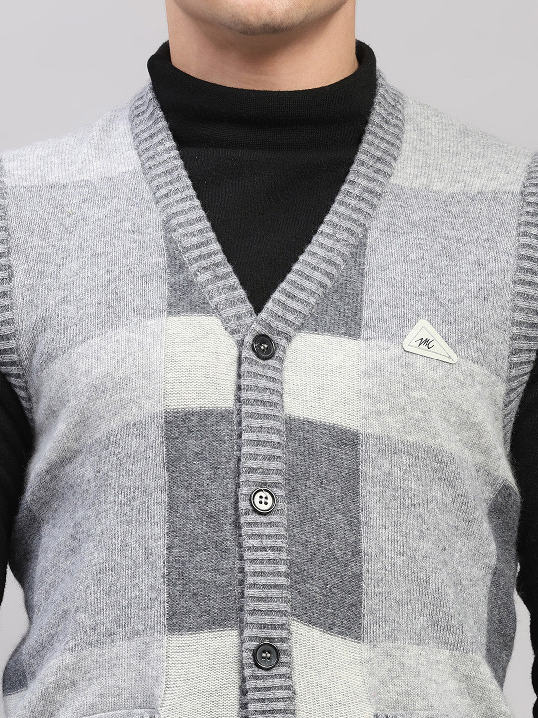 Men Light Grey Printed V Neck Sleeveless Cardigan