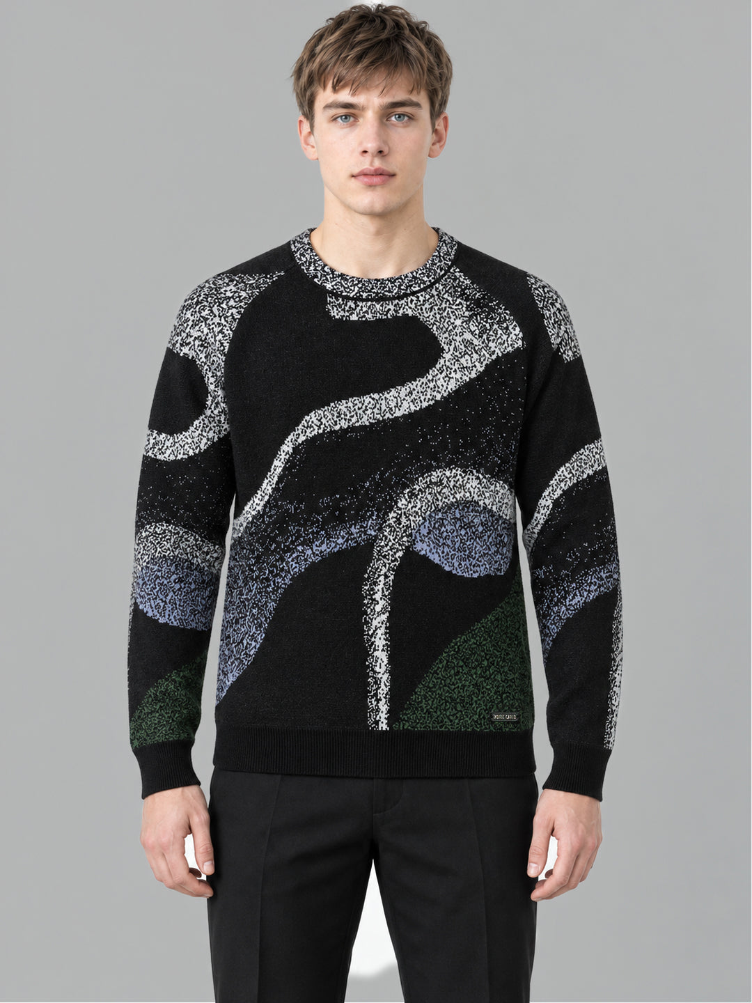 Men Black Jacquard Round Neck Full Sleeve Pullover
