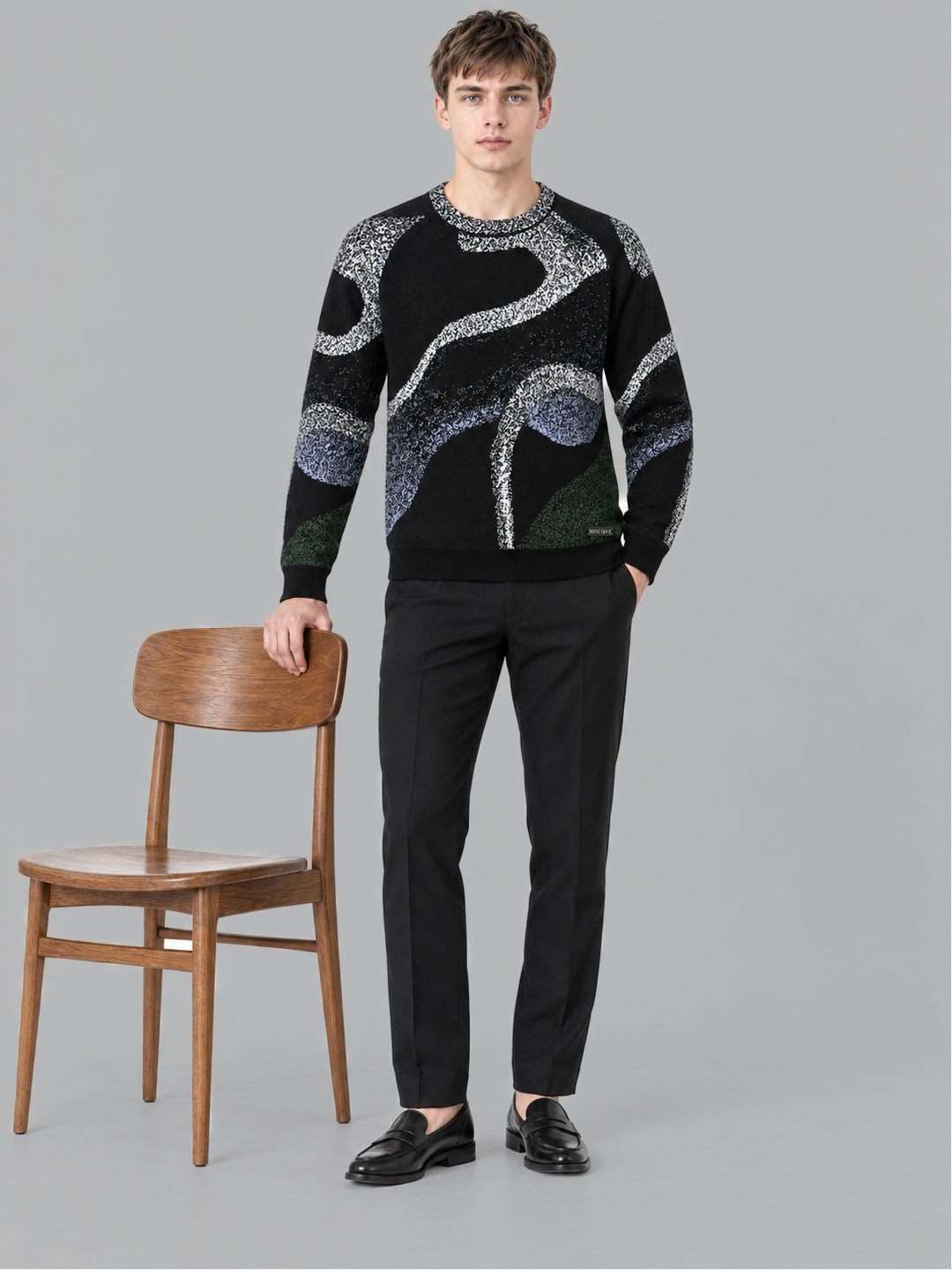 Men Black Jacquard Round Neck Full Sleeve Pullover