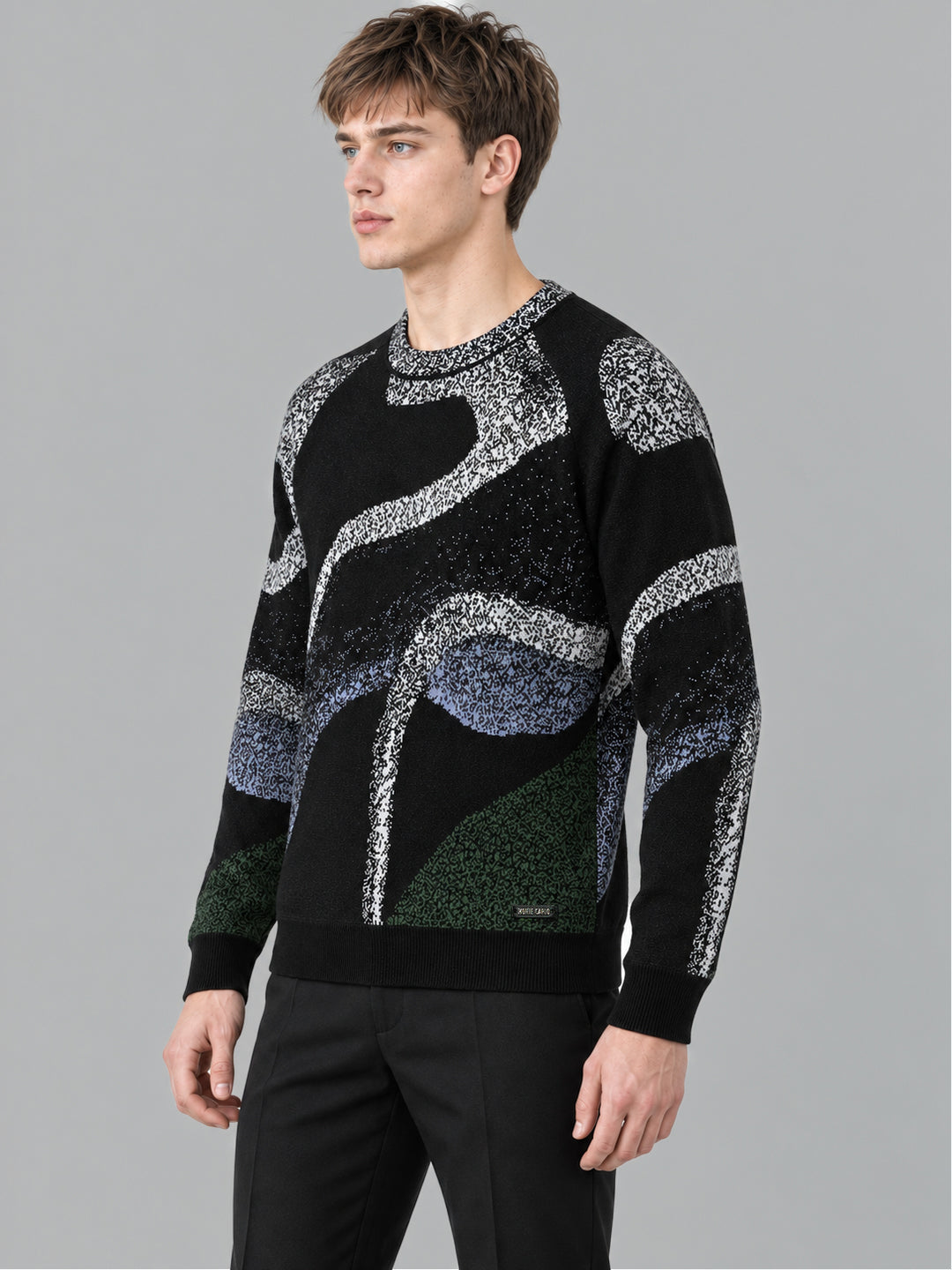 Men Black Jacquard Round Neck Full Sleeve Pullover