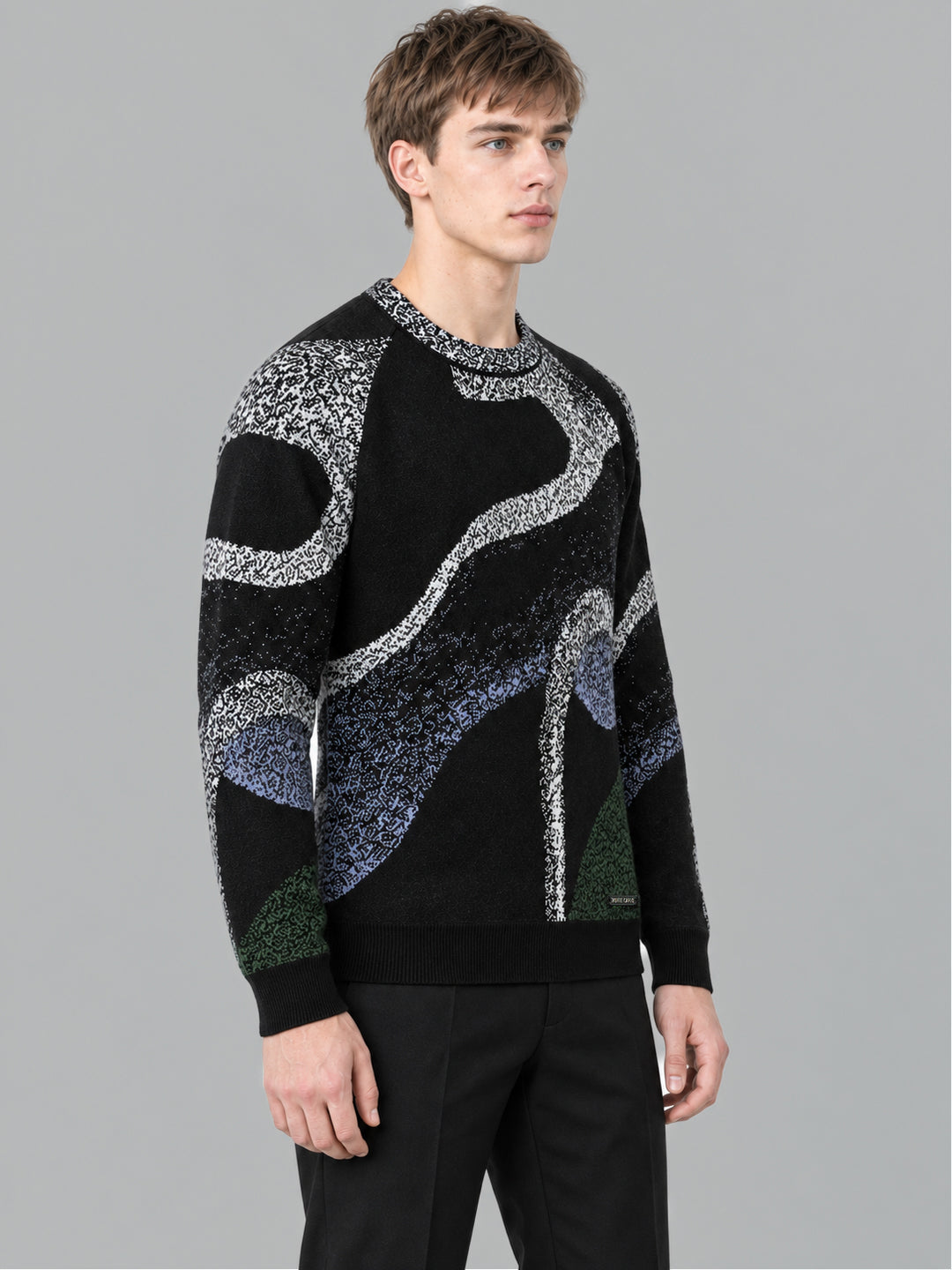 Men Black Jacquard Round Neck Full Sleeve Pullover